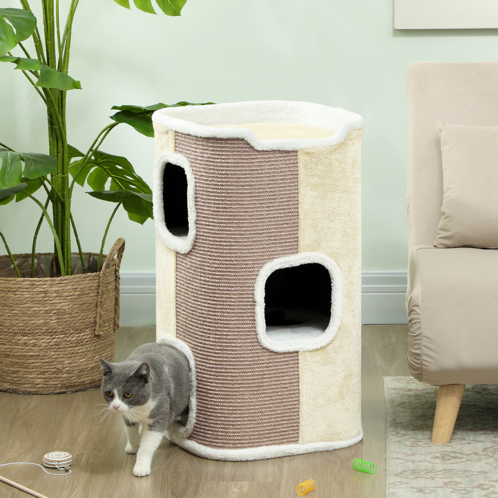 Scratching 74 Cm Tall Three-tier Cat With Cushion, Plush Edge, Cat Cave, Scratching Post For Small Cats, Beige+white