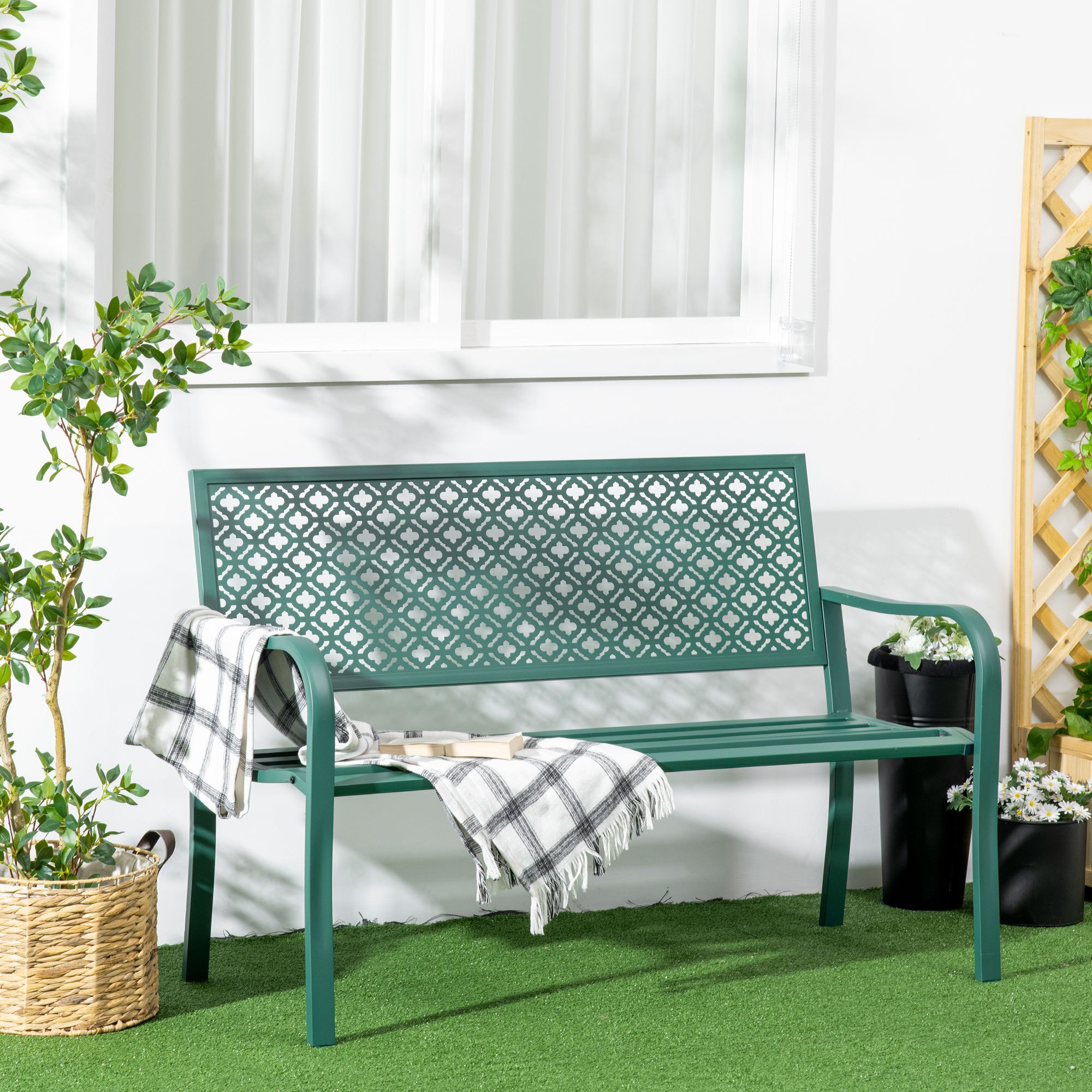 Image of Garden Bench Steel, 2-seater Park Bench With Backrest & Armrest, Bench With Flower Pattern, For Garden, Balcony, Max. 240 Kg, Dark Green, 127 X 83 Cm