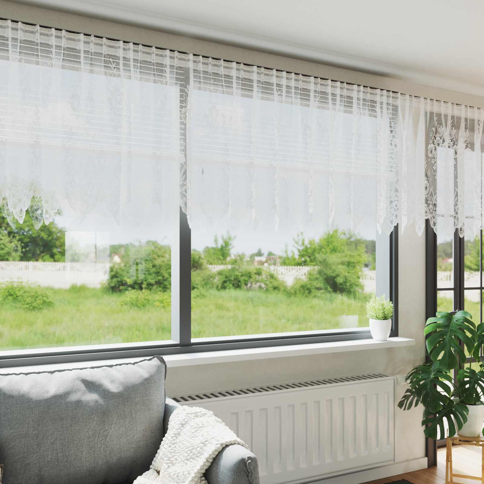 Image of Vidaxl Curtain With Curtains Floral White 120 X 900 Cm Polyester, Living Room Curtains, Rectangular, Modern Curtains, Light-permeable, Decorative Window Treatments