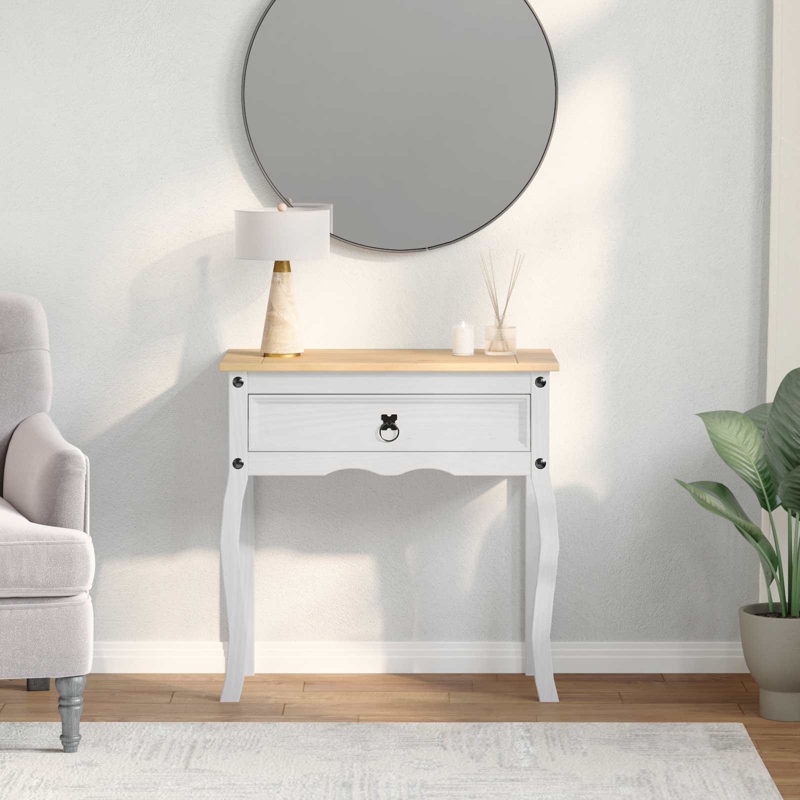 Image of Console Table White 73 X 35 X 73 Cm Solid Pine Wood, Rustic Console Table, Rectangular From Pine, Storage Space, Long-lasting Design, Matte Surfaces