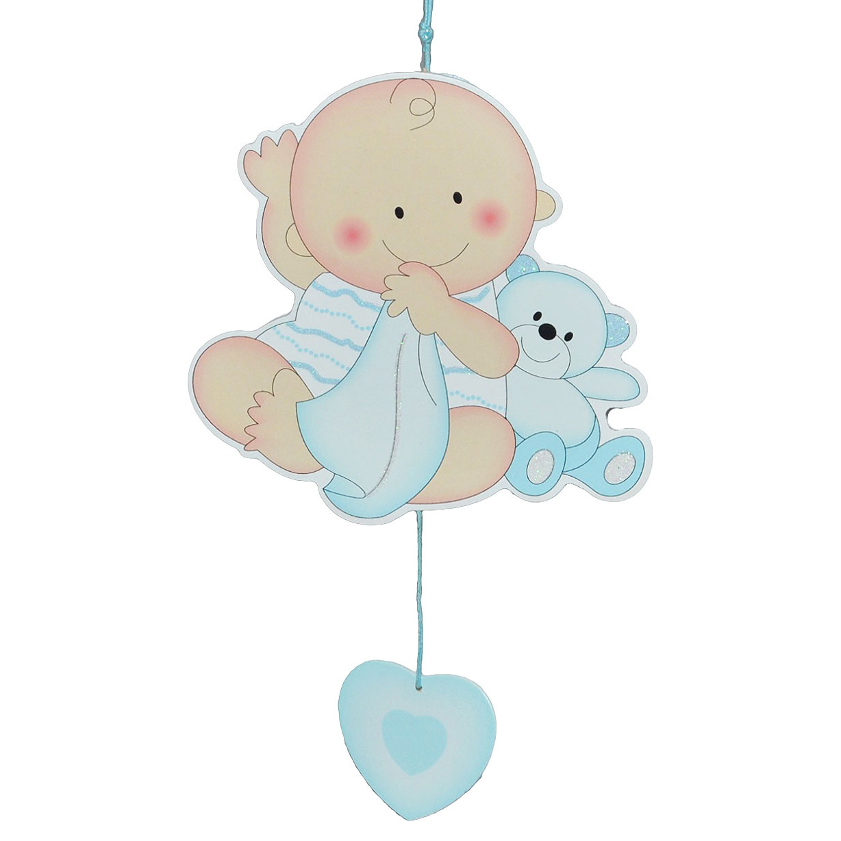 Image of Door Sign / Wall Art / Decorative Hanger - "baby With Teddy Bear" - Blue - Wood - Self-adhesive - Nursery Decor Pictures For Baby Girl's Birth, Newborn