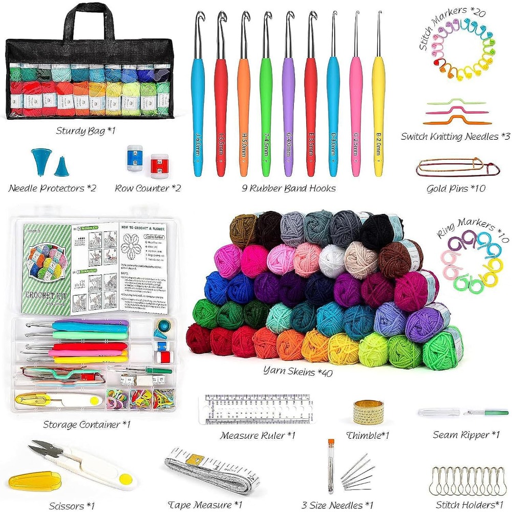 complete crochet kit 113pcs 40 twisted yarns 9 rubber band hooks needle markers etc for beginners and adults to make gifts