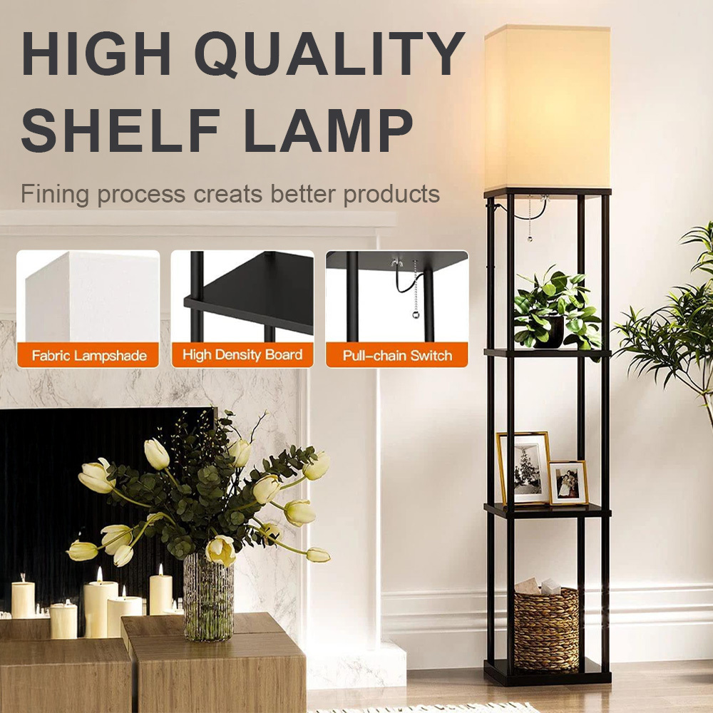 TEMU Lampe sur pied à étagère en bois à 3 niveaux, lampe sur pied moderne avec température de couleur réglable à 3 couleurs et abat-jour en tissu,