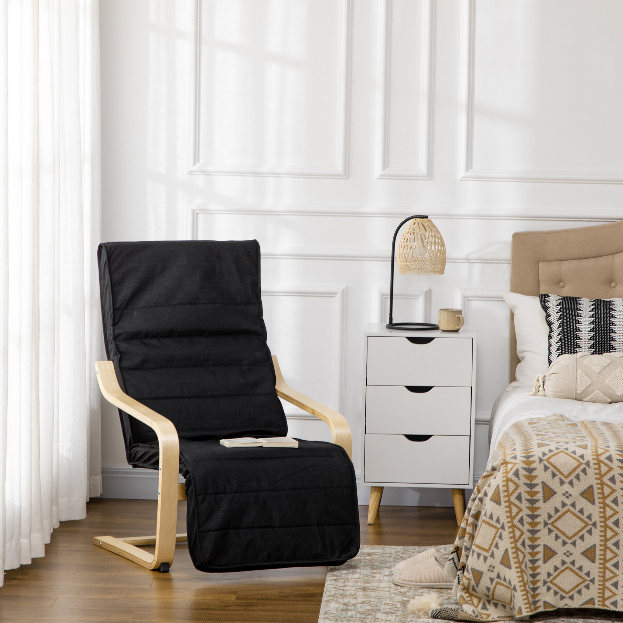 Image of Chair Living Room Relaxation Chair Lounge Chair With Armrests Made Of , Adjustable Footrest, Reading Chair With Linen Optics, Upholstered Chair For Bedroom, Black