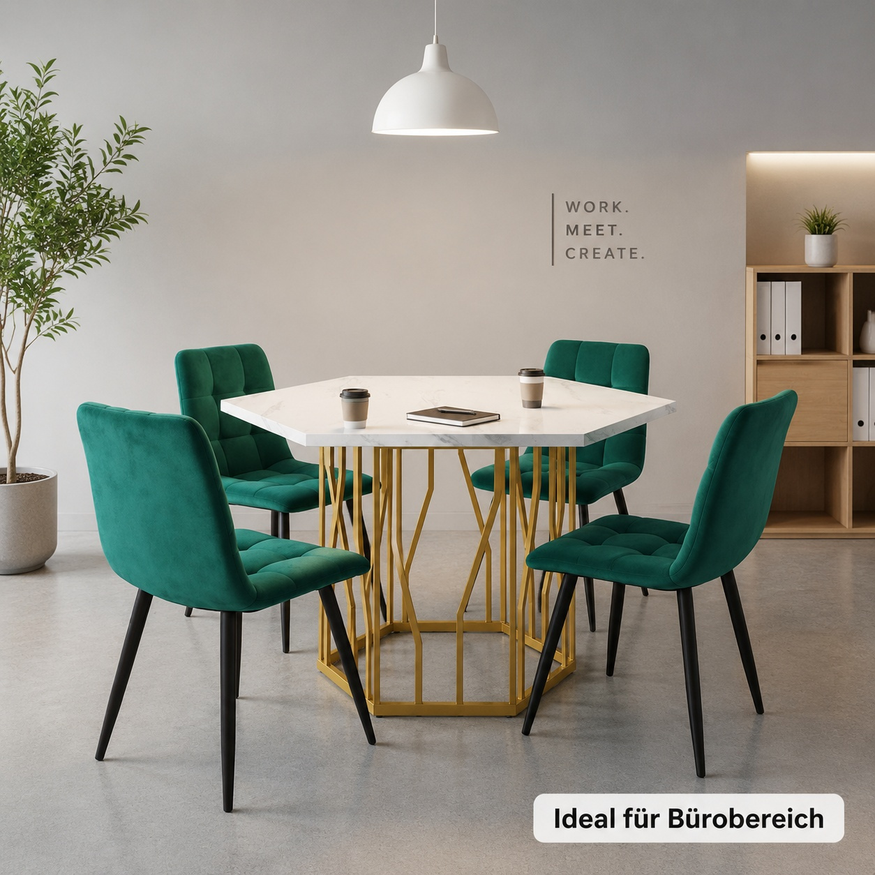 Image of 5pcs Luxurious Hexagonal Dining Set With Marble Optic Table And 4 Dark Green Velvet Chairs