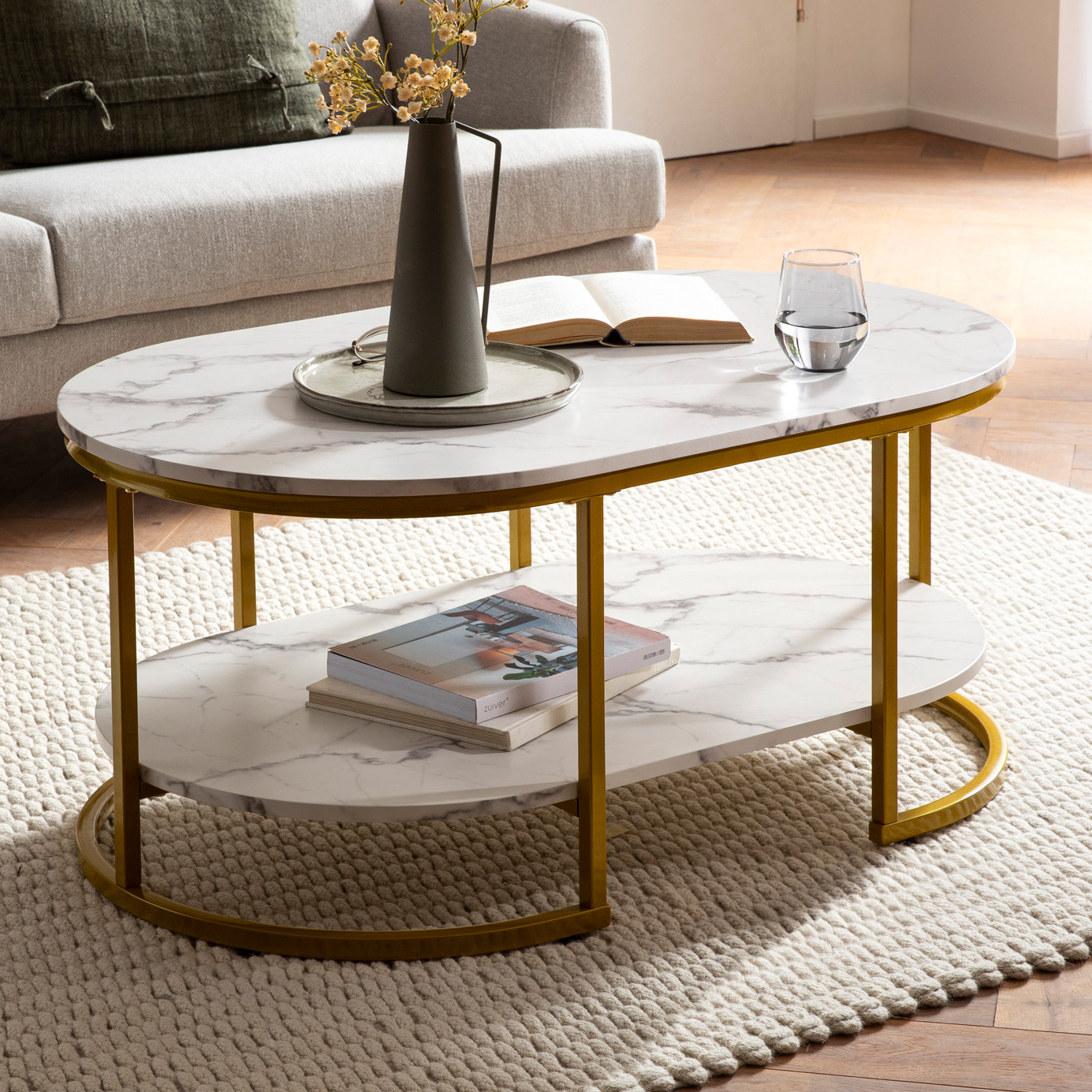 Coffee Table 100x60x45 Cm Marble Look, Rectangular Living Room Design Table, Lounge Sofa Table With Shelf, Modern Coffee Table With Golden Metal Frame