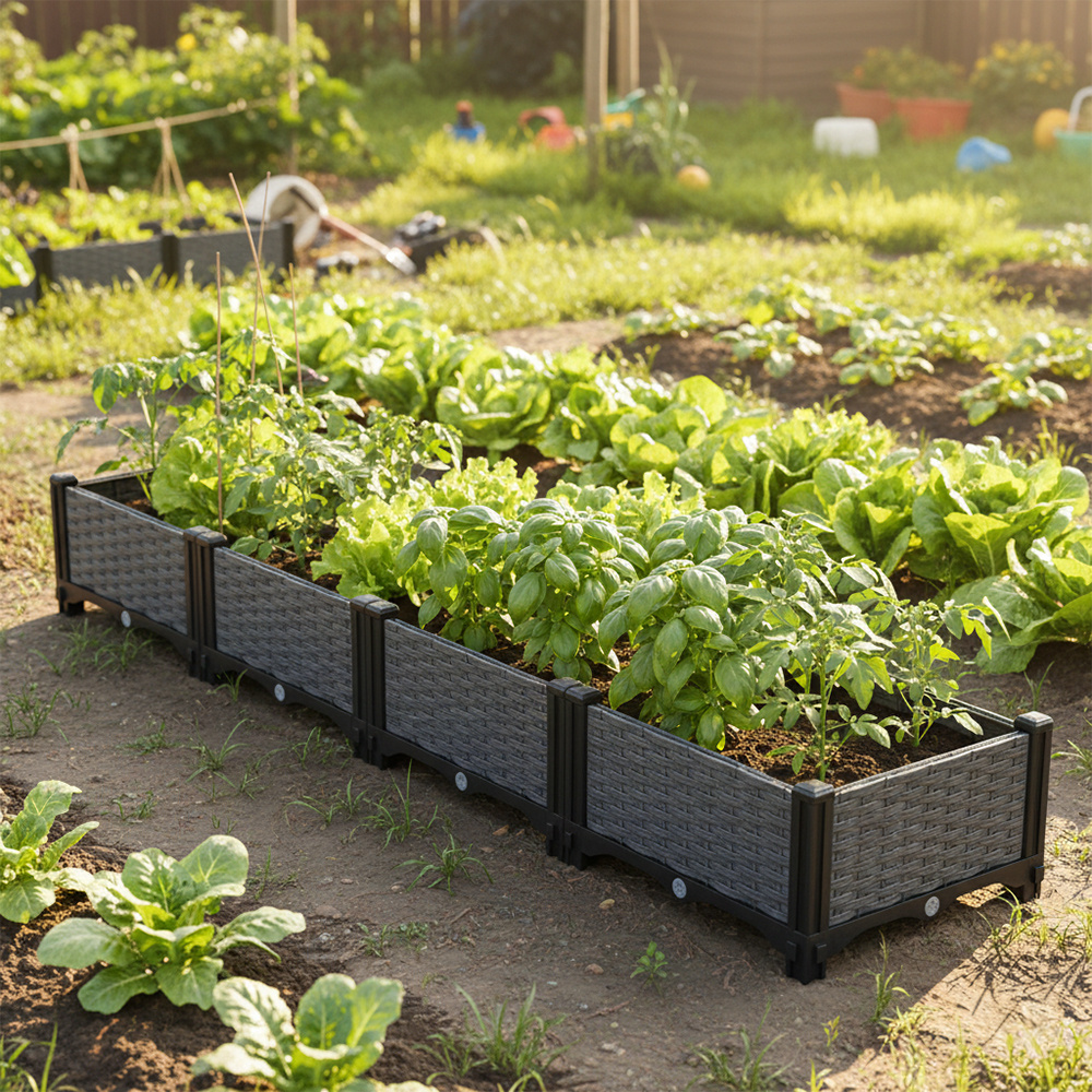 TEMU 160*40*22cm Grey Woven Texture Garden Vegetable Planter | Reinforced Plastic Box Garden Bed | Bottom Drainage Hole Design | Suitable For