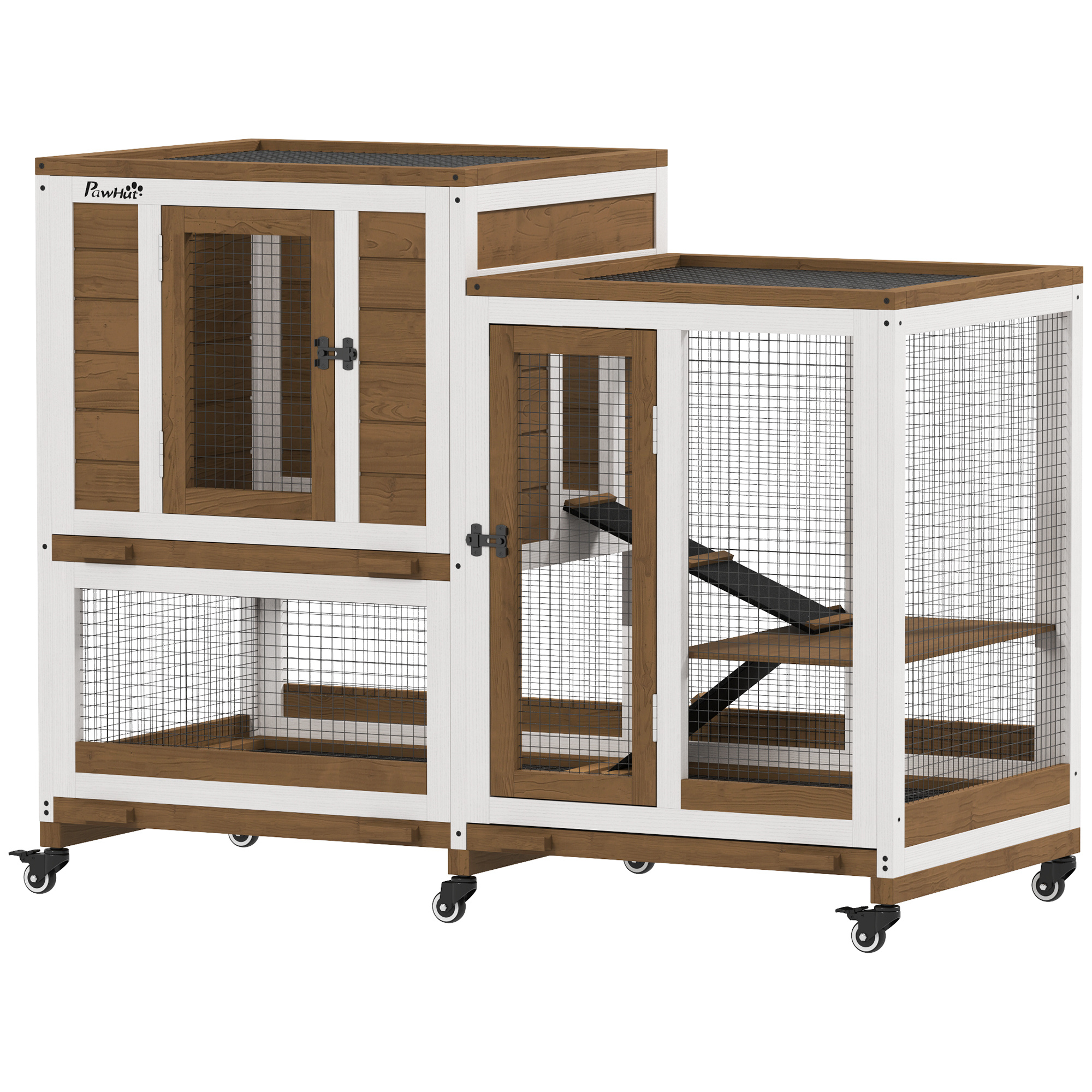 Image of 2-tier Wooden Rabbit Cage With 6 Wheels, 2 Ladders, 3 Removable Trays, Lockable Doors, And , Indoor Rabbit Hutch, 110x50x86 Cm, Brown And White