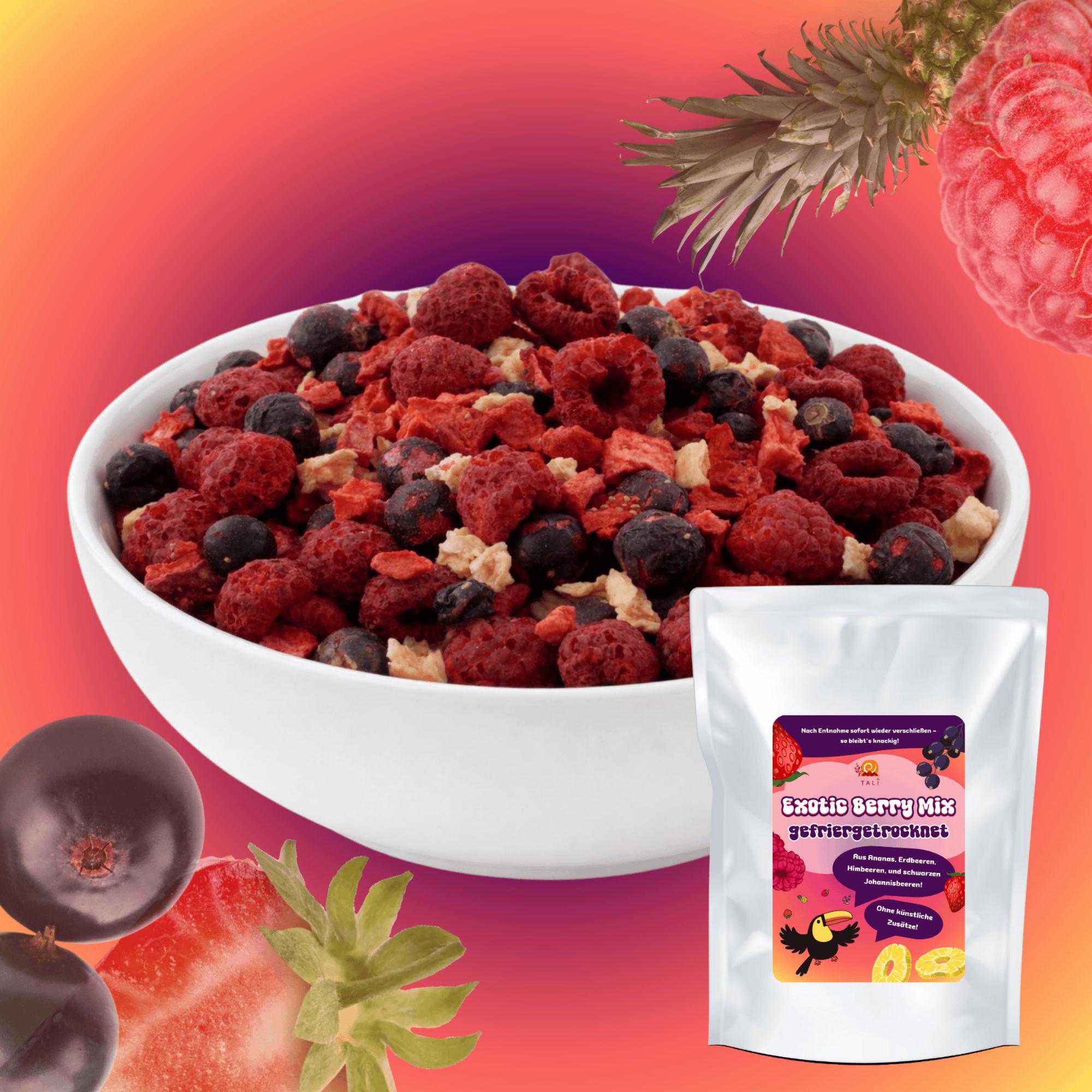 Image of Tali Exotic Berry Mix Freeze-dried 175 G - Crunchy Berry & Fruit Mix Of Strawberries, Raspberries, Pineapple & Currants - 100% Fruit, No Added Sugar - Snack & Muesli Topping