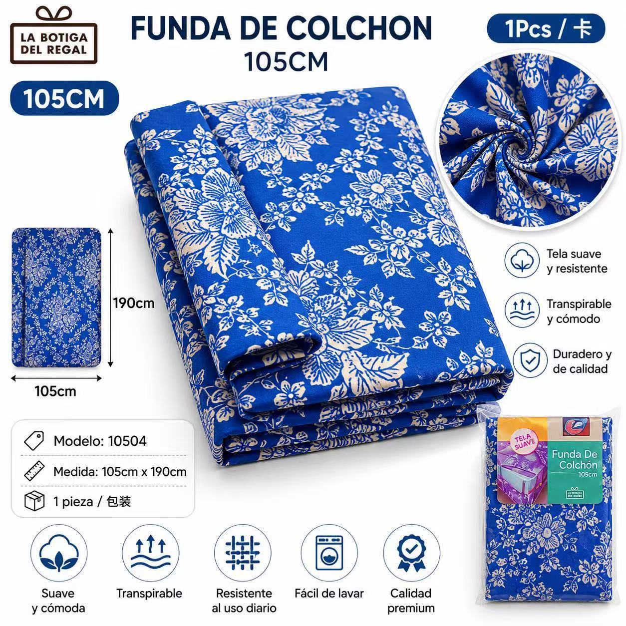 TEMU de Colchón 105cm (Azul con Estampado Floral)