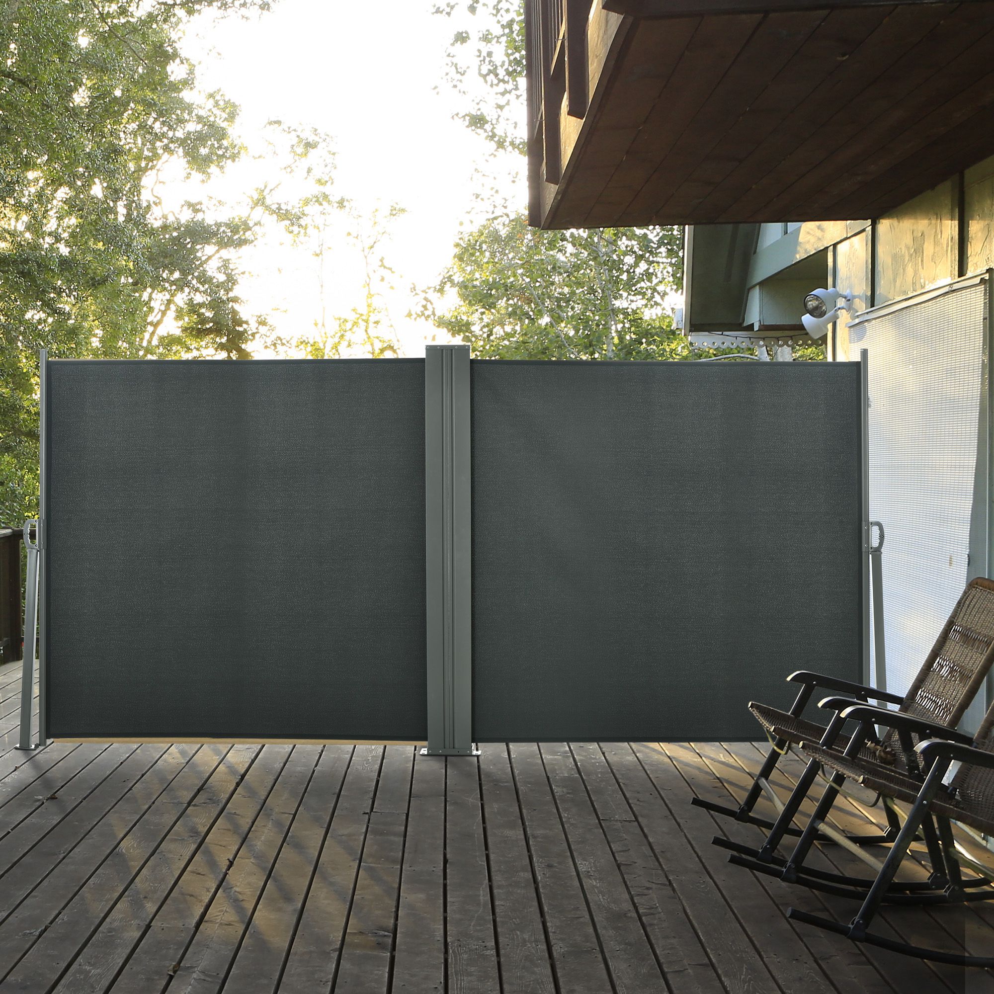 E-shop Outsunny, 6L x 1,80H M, 2-fach, ausziehbarer Raumteiler, Polyester, UV-Schutz, hohe Dichte 180 g/m², grau