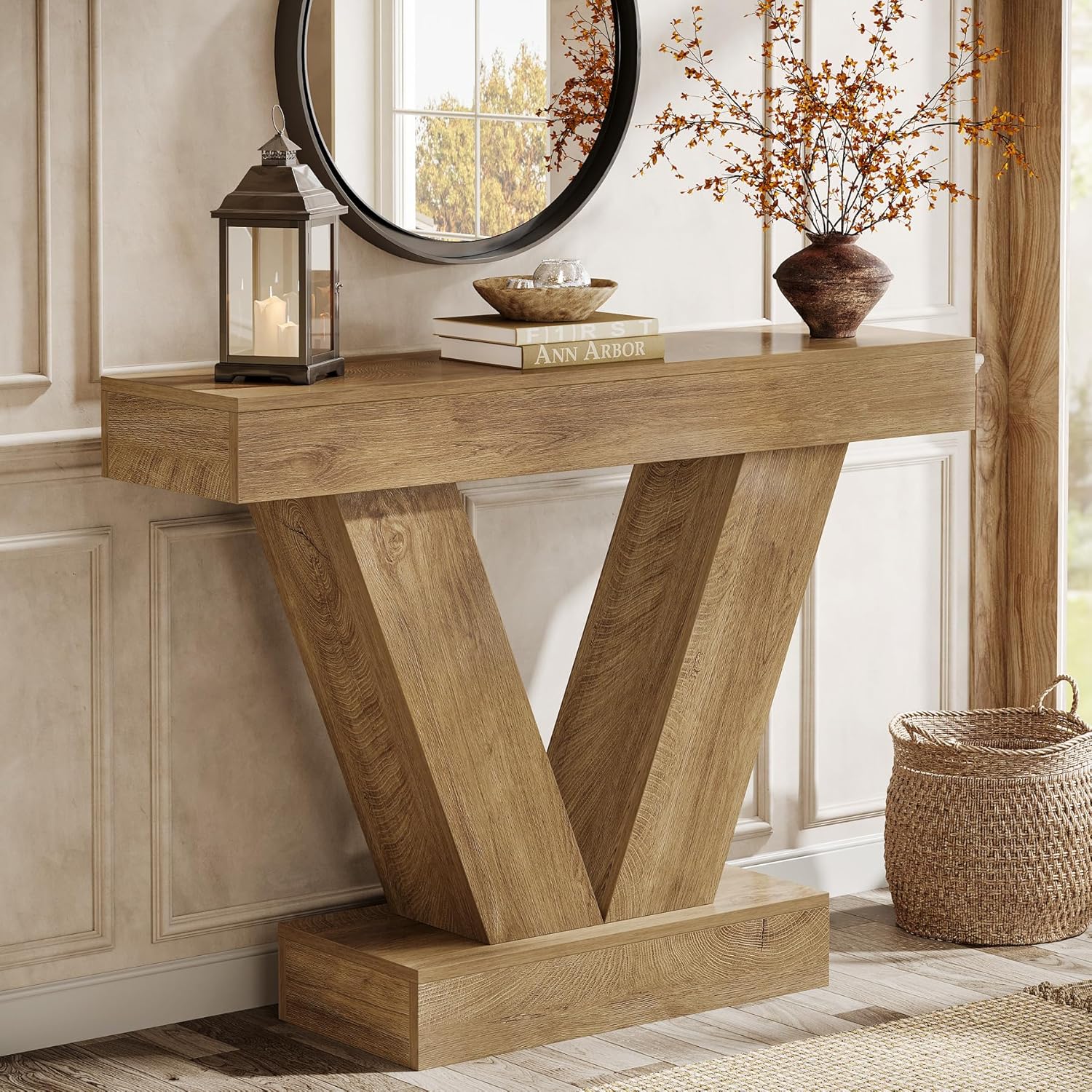 Image of Vintage 105cm Console Table, Behind Couch Sofa Entryway Table With V-shaped Legs, Modern Coffee Table For Hallway, Living Room, Foyer, Entrance, Brown