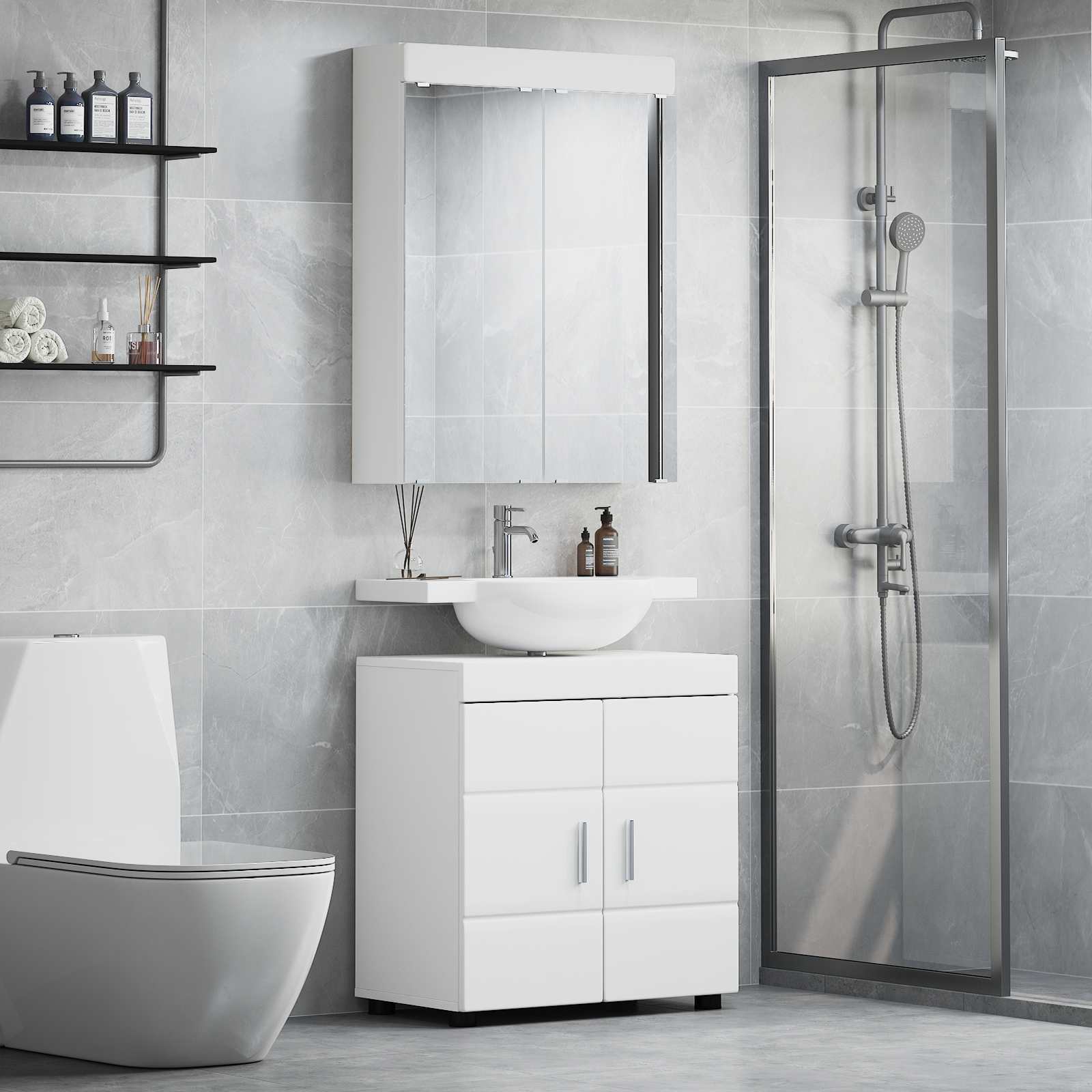 Image of Bathroom Furniture Set Tulum 2 Pcs, White, 60 X 34 Cm, Modern Rectangular Bathroom Cabinet, Sturdy Storage Space, Practical Space Saver, Contemporary Furniture
