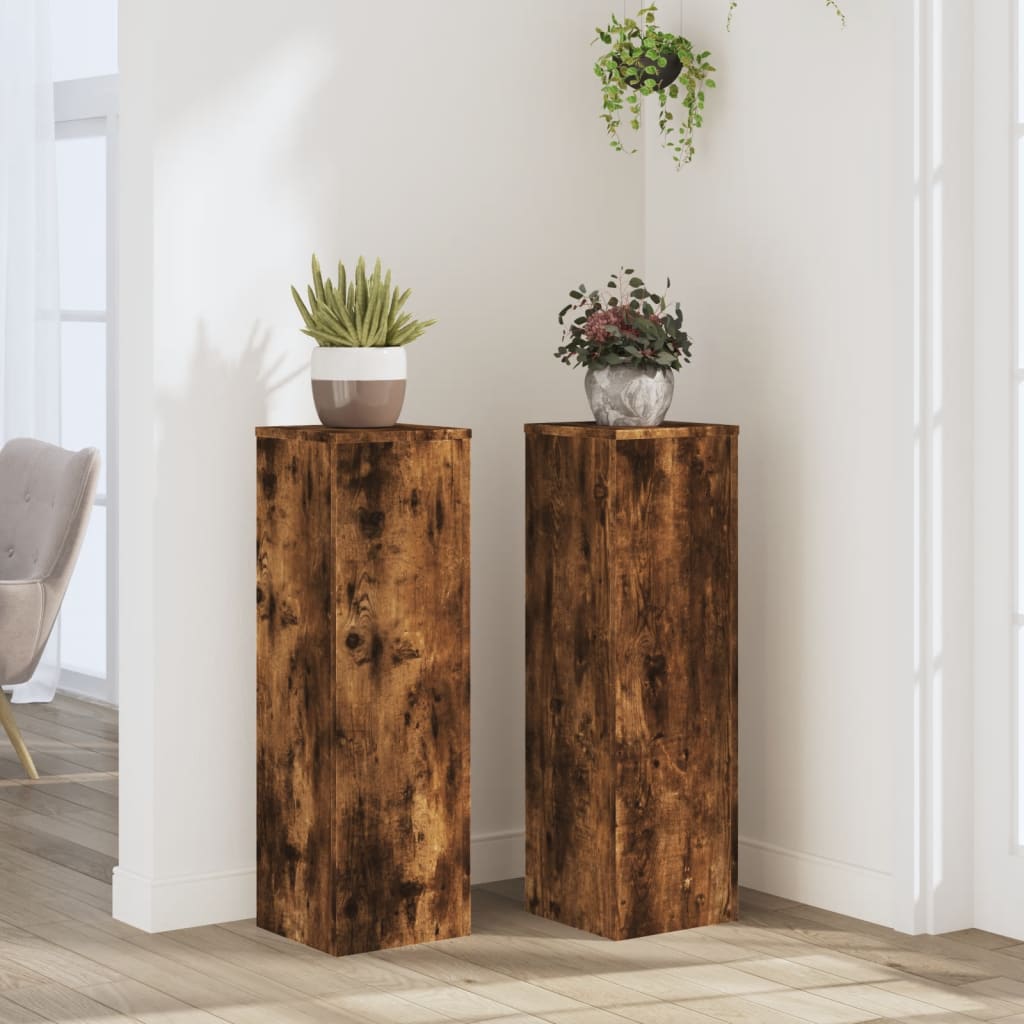 Image of Plant Stands 2pcs., Flower Stands Hollow Construction, Decorative Column Pedestal For Plants Decorative Items, Flower Stools Flower Column, Smoked Oak Wood Material