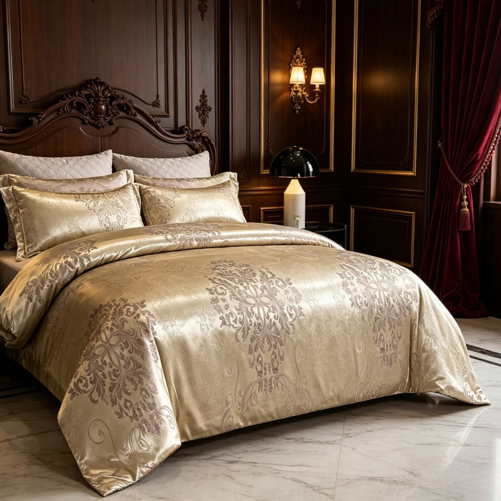 TEMU Luxury Champagne Gold Satin Jacquard Bedding 3pcs Set, Smooth, Soft, And Skin-friendly Duvet Cover And Pillowcases, Suitable For , Machine