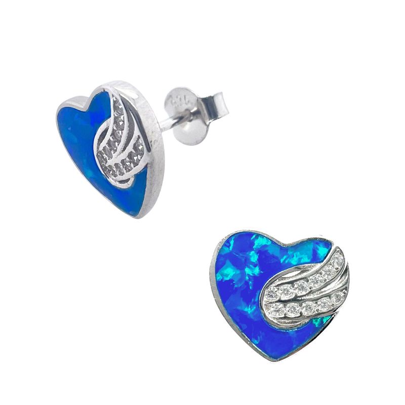 Small Women's Silver Heart Earrings With Opal And Zirconia, Studs, 925 Sterling Silver