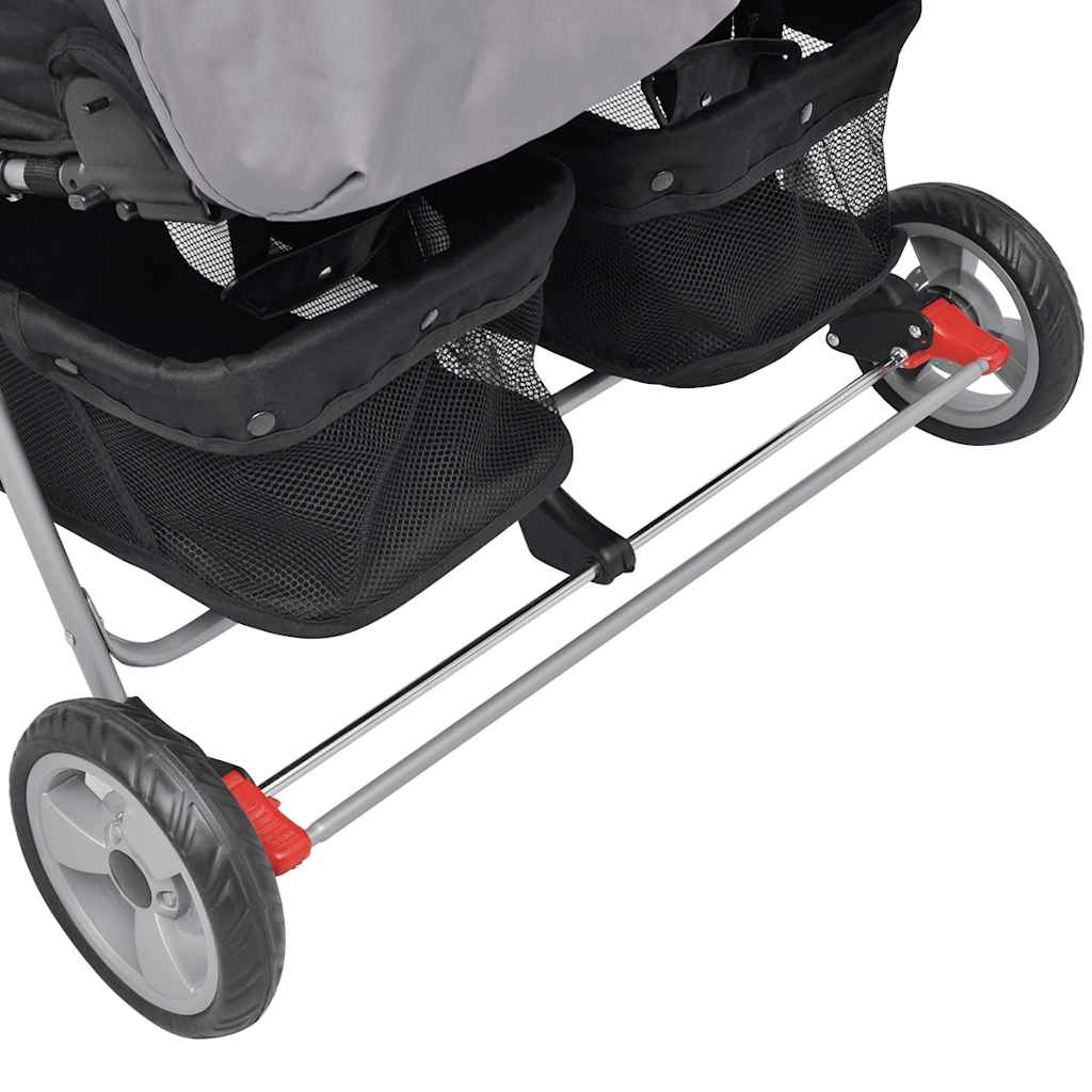 Twee-zits Wandelwagen in Staalgrijs en Zwart - Dubbele Wandelwagen, All-Terrain Wandelwagen, Opvouwbare Wandelwagen, Kinderaccessoire