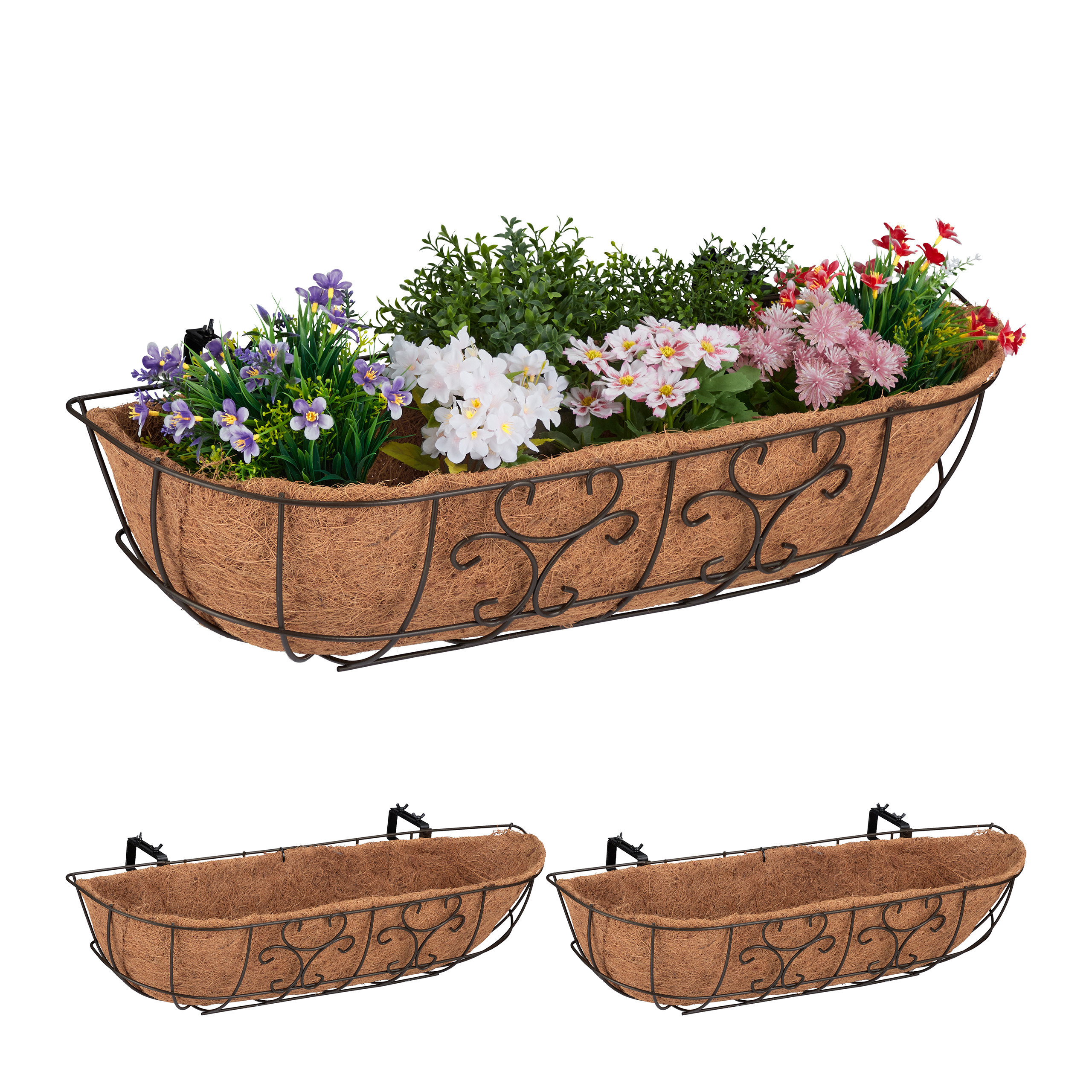 Image of Hanging Flower Boxes, 3pcs Set, Iron And Coconut Fiber, Brown/natural, Each 21 X 76 X 22 Cm, Railing Holder Up To 4.5 Cm, For Balcony, Flowers And Herbs, Planters, Balcony Planters, Relaxdays