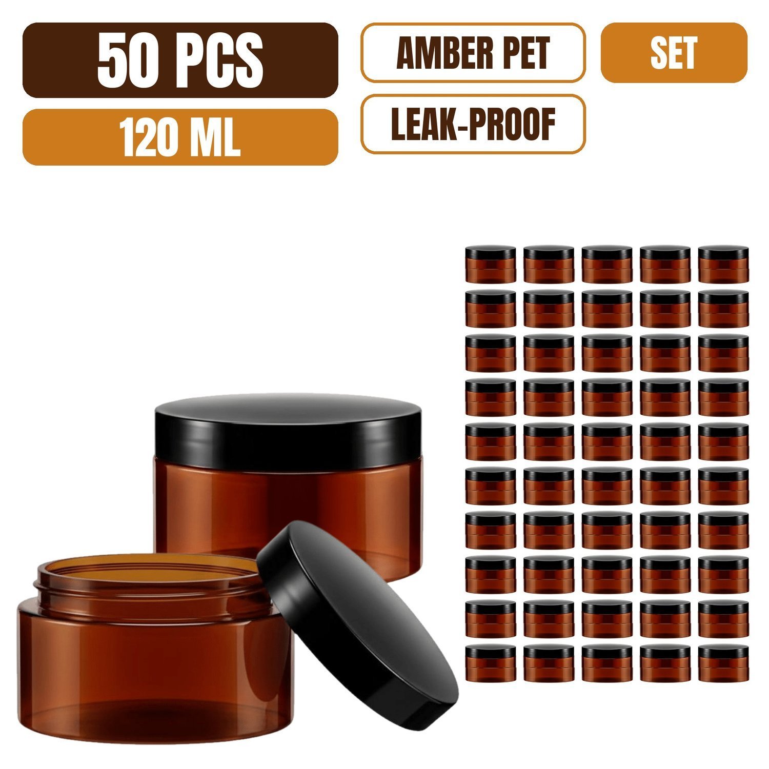 Amber Plastic Jars 120 Ml, 10//100 Round With Black Lid, Multifunctional Cosmetic Containers For Samples, Accessories, And Travel Storage
