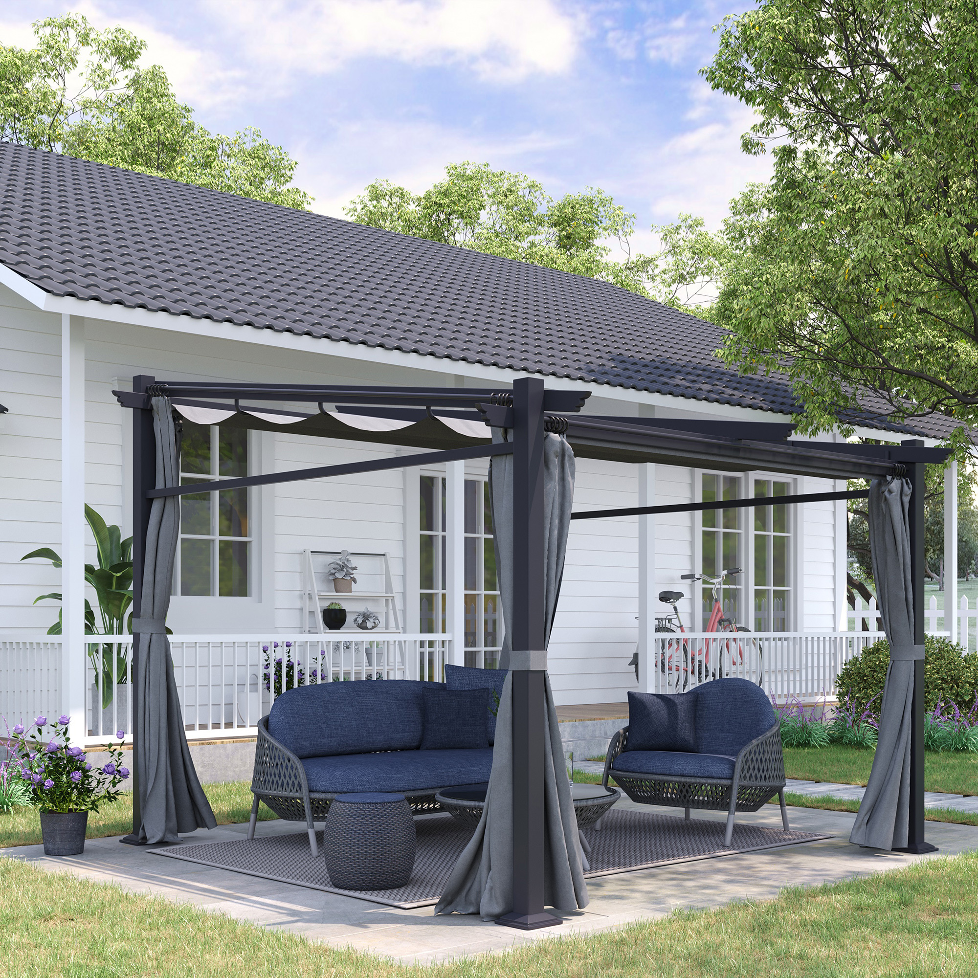 Pergola 2.97 X 2.95 M With And Side Panels, Terrace Canopy, Garden Furniture, Polyester Dark Grey