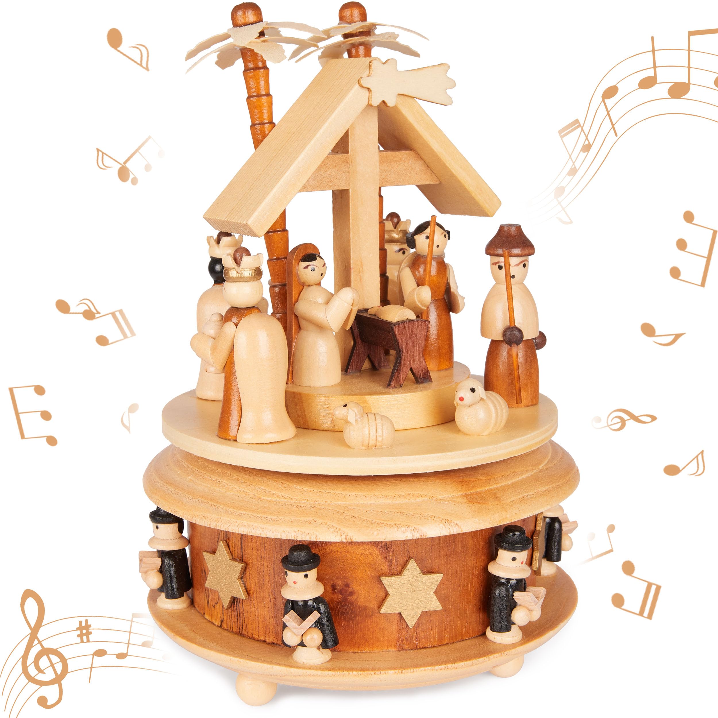 Image of Brubaker Wooden Music Box - Crib With Jesus, Mary, And Joseph - Melody: - 19 Cm Christmas Music Box - Carousel With Star Of Bethlehem And - Brown Natural