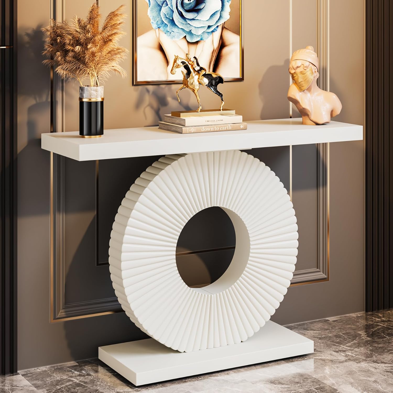 Console Table, Hall Table With A Round, Flower-shaped Base, Narrow Side Table Wood, Coffee Table For Living Room, Hallway, Bedroom, Country House Style, 100 X 30 X 79 Cm, White