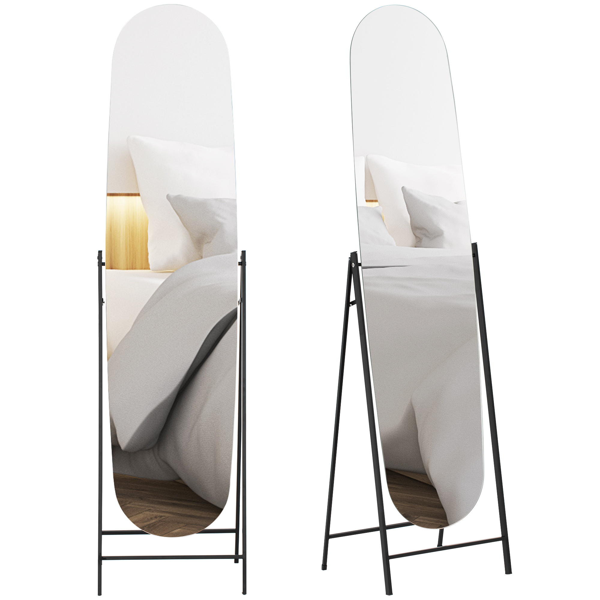 Homcom Full-length Arched Mirror 160x40 Cm, Freestanding Or Wall-mounted, Frameless With Metal Stand For Living Room, Bedroom, Dressing Room, And Entryway, Black