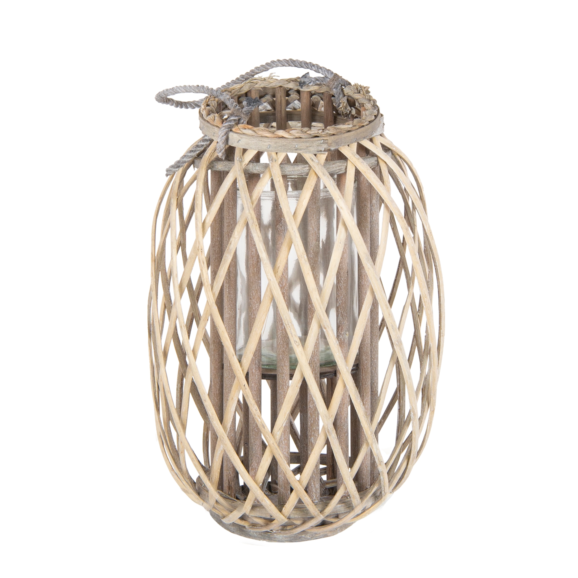 Image of Ecd Germany Lantern Ried With Handle, Made Of Wood, Wicker Rattan Wind Lantern With Glass Insert And Rope Fiber, Basket Weave Retro Lantern, Hand-woven Garden Lantern, Candle Holder Candle Stand