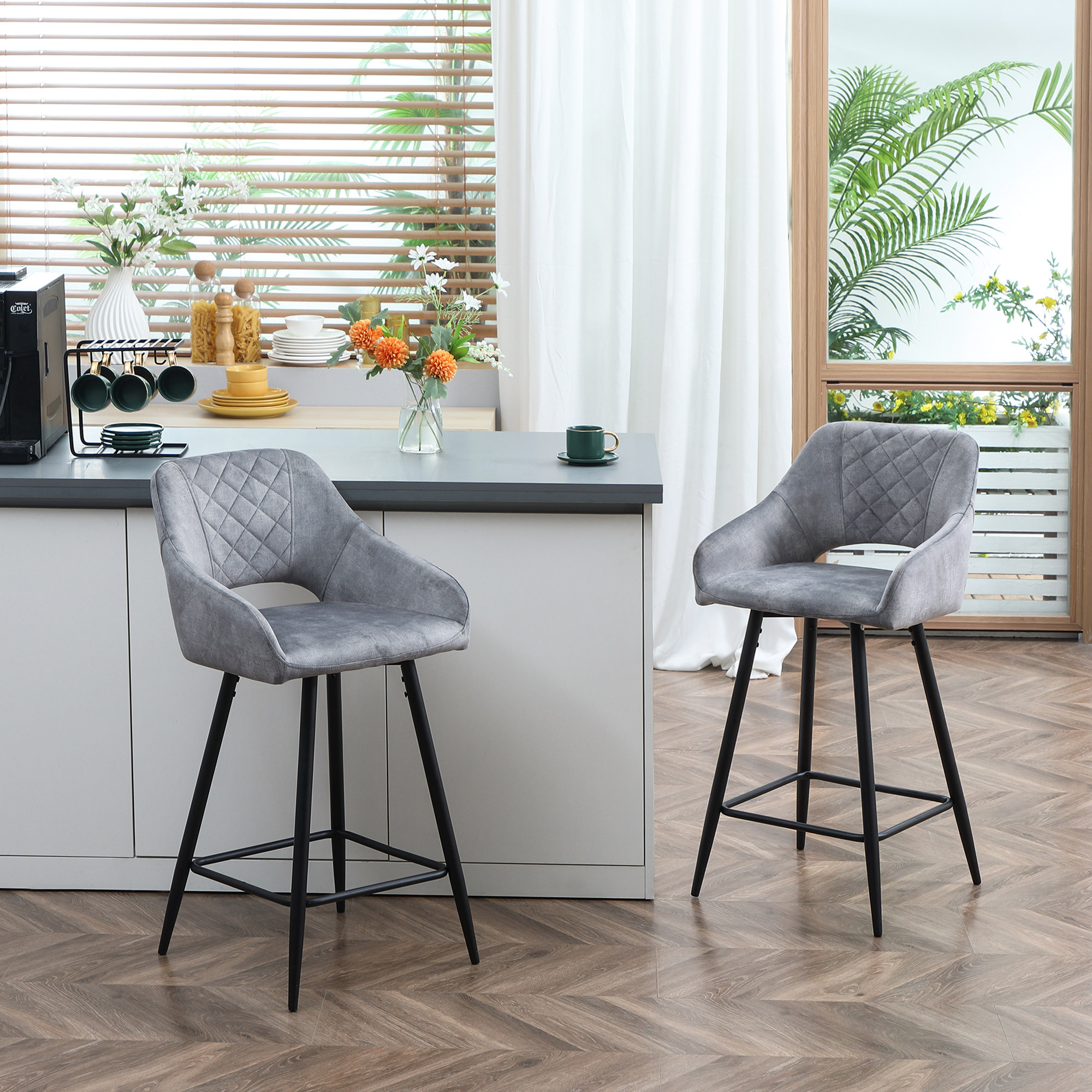 Image of 2-piece Set Bar Stools Bistro Stools With Footrest, Velvet-look Kitchen Chairs, Counter Stools With Seat Cover For Kitchen, Living Room, Dining Room, Steel, Gray, 50 X 53 X 94 Cm