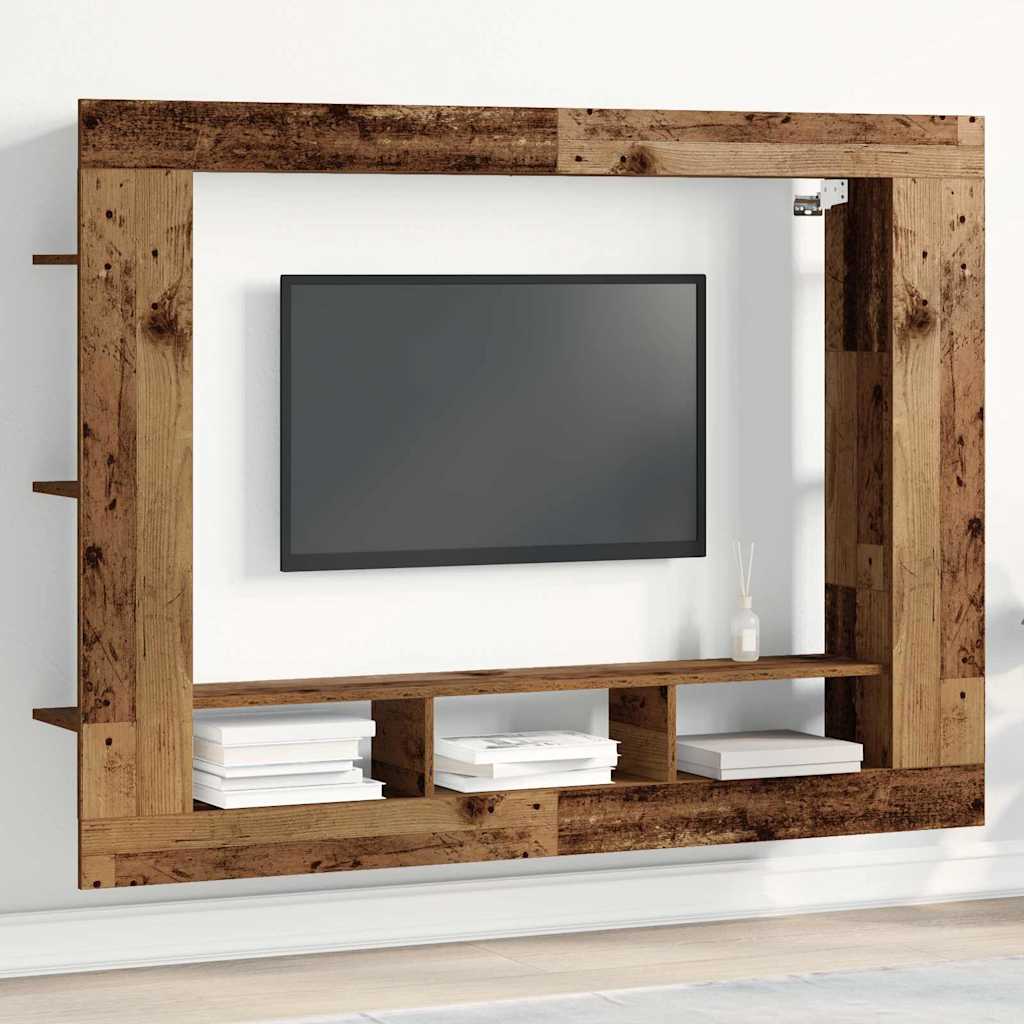 Image of Rustic Wall-mounted Tv Cabinet With Old Wood Surface, Solid Recycled Wood, 152x22x113 Cm, Adjustable Armrests, Stylish Entertainment Center, Living Room Furniture, Home Theater Display
