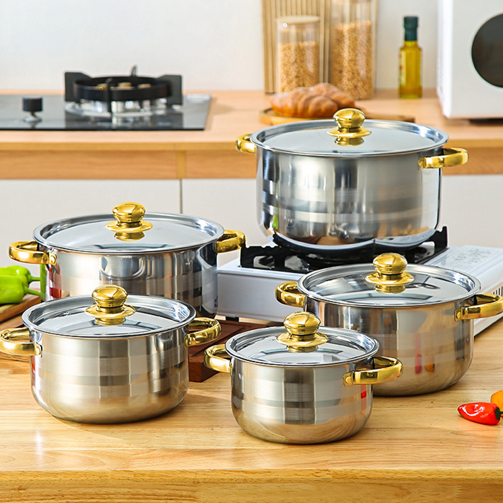 TEMU 5pcs Stainless Steel Soup Pot Set, Gold-plated Double-ear Soup Pot Set, Ten-piece Set, Cooking Ware Set, Gold (18//24/26cm Product Size: 17 * 12