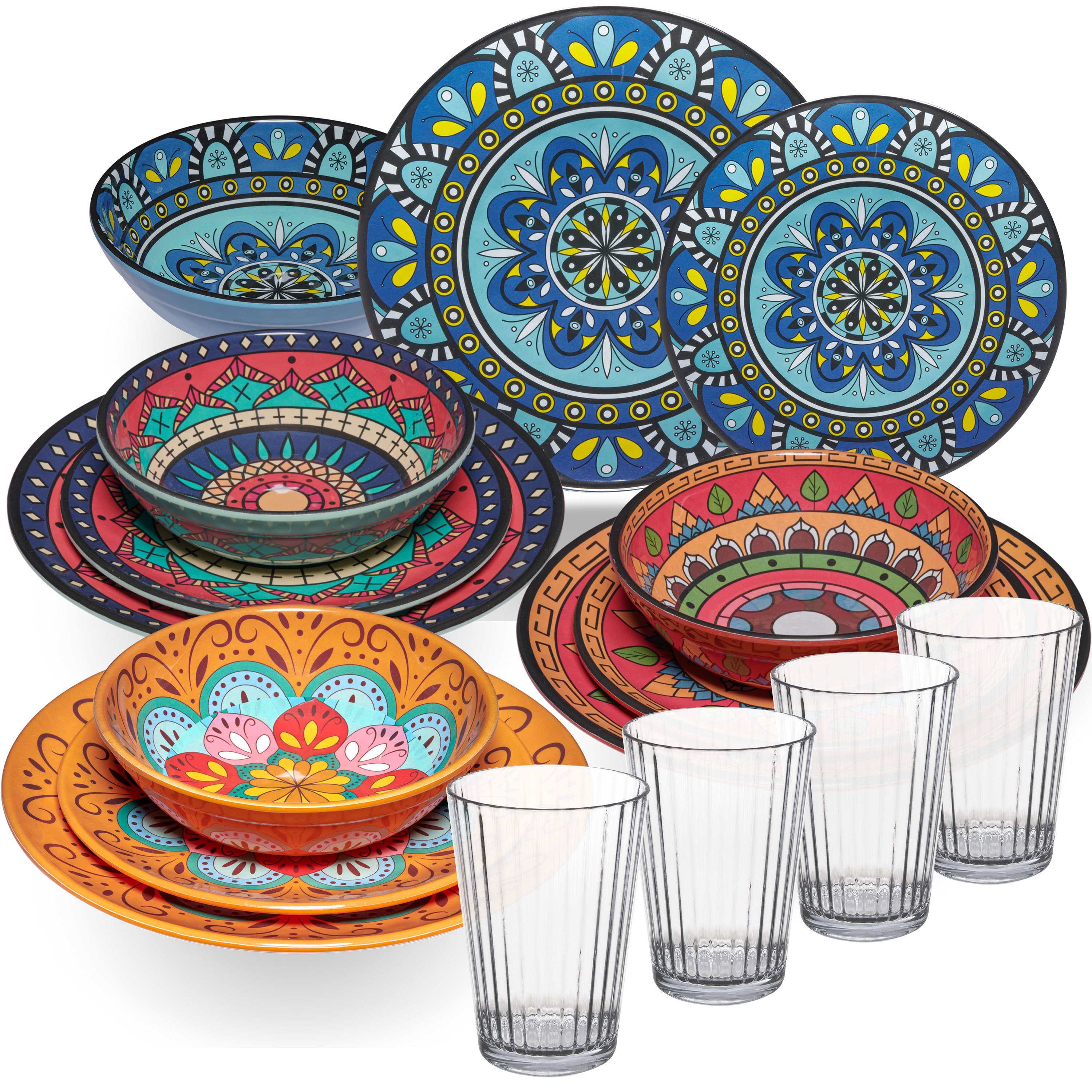 Melamine Dinnerware Set For - 16 Pieces - Colorful - Mandala Design With Clear 580ml Acrylic Drinking Glasses, Dishwasher Safe, Dinnerware, Camping Accessories, Camping Tableware, Camping