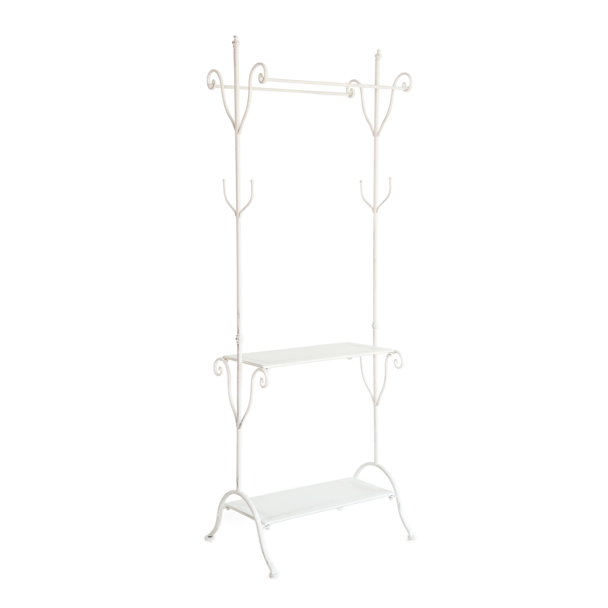 Image of White Iron Floor Coat Rack With 2 Bars And 2 Shelves, Space-saving Shabby Chic And Vintage Design For Entryway And Bedroom, 60 X 30 X 174 Cm