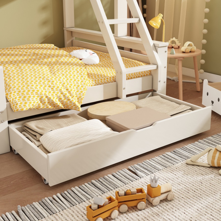 Bunk Beds for Kids, Wooden Cabin Bed with Ladder and Slide, Multi-functional Tree-house Bed, Children's House Bed, Twin Sleeper (90+135) x 190 cm, Solid Wood, White