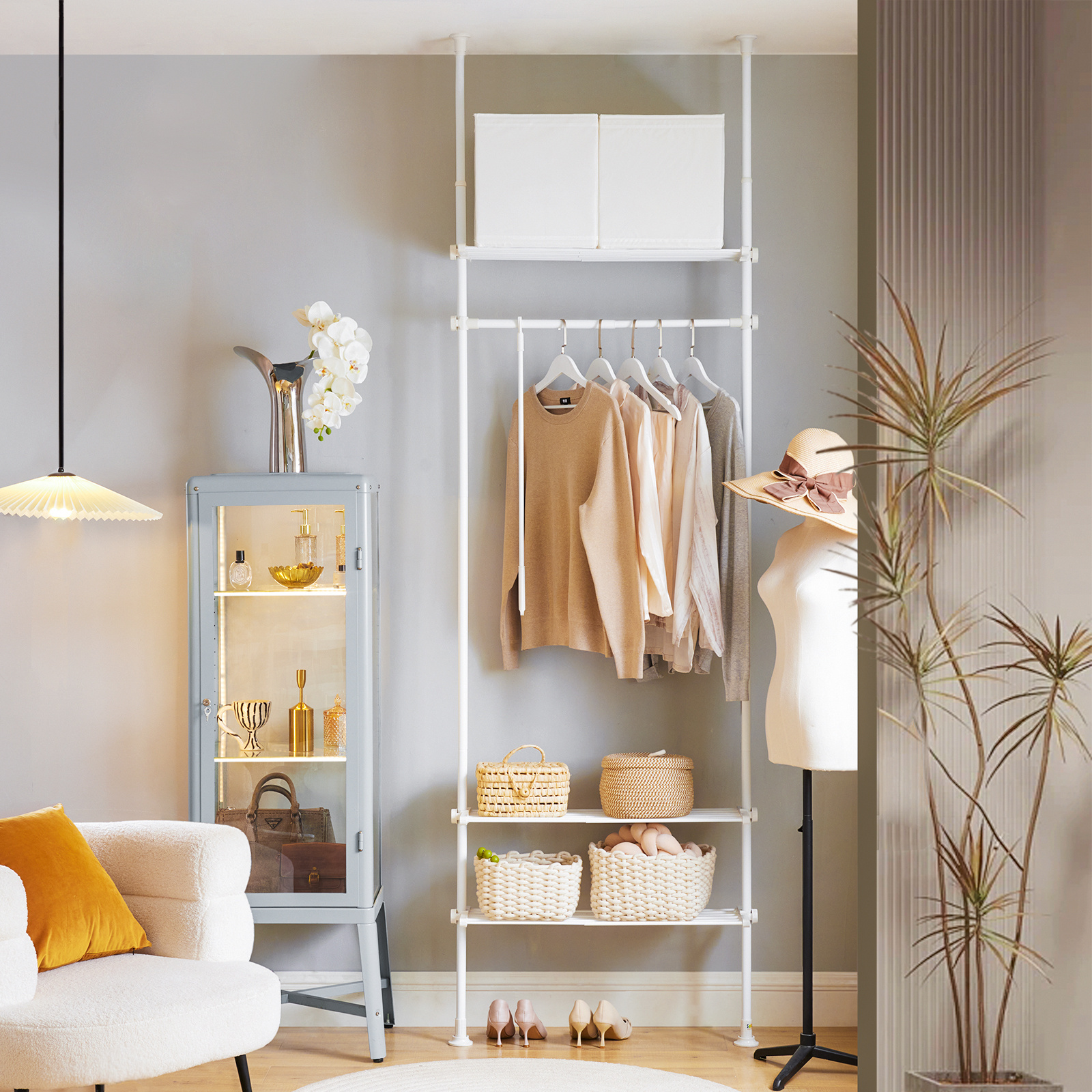 TEMU 1-piece Telescopic Clothes Rack, Open Wardrobe Garment Rack With 3 Adjustable Shelves, 1 Height-adjustable Clothes Rail, Space- For Bedroom,