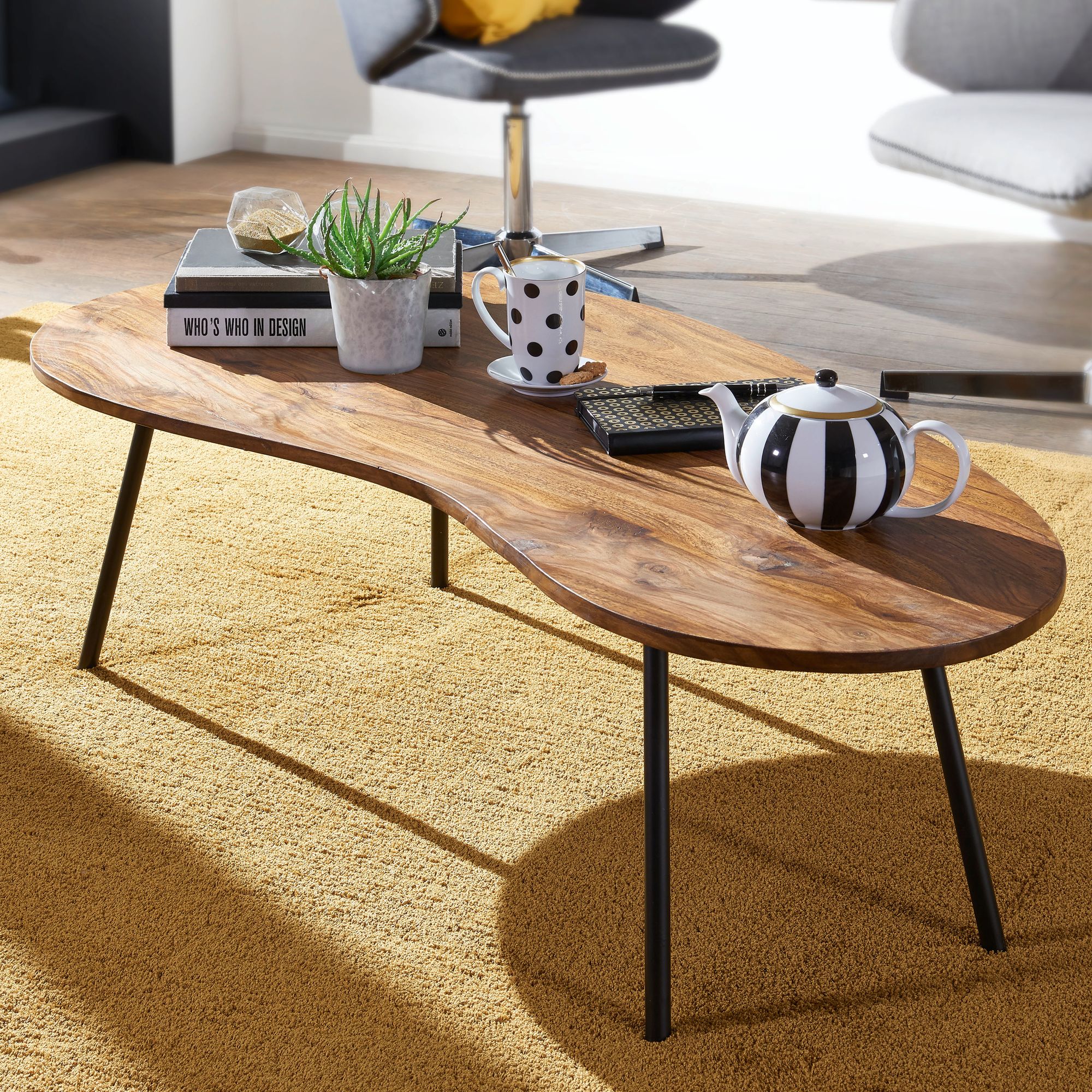 Coffee Table 122 X 36 Cm With Black Metal Legs, Kidney-shaped Table Solid Wood, Wooden Table Metal Legs, Cool Solid Wood Table, Flat Modern Table