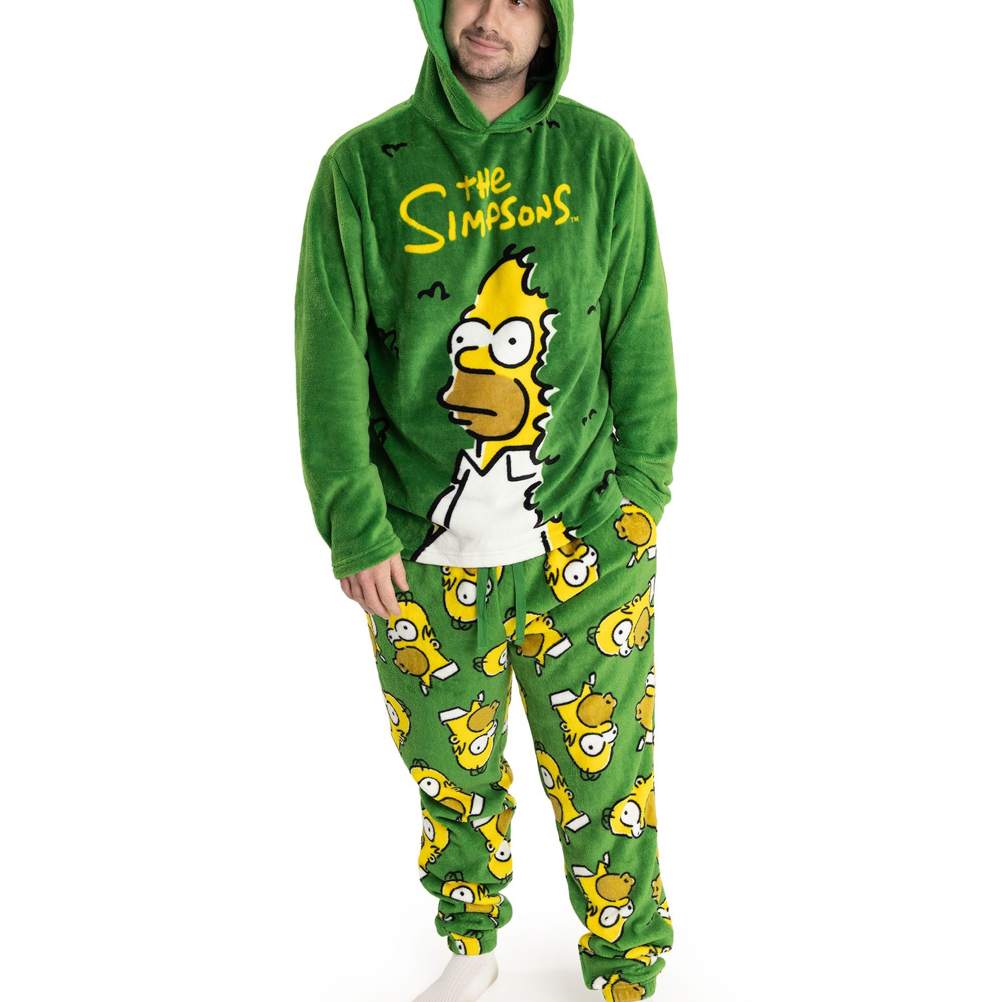 TEMU The Simpsons Mens Green Long Sleeve Long Leg Pyjama Set | Cosy Fleece Sleepwear & Loungewear | Cartoon Bedtime Nightwear | Comfortable -out