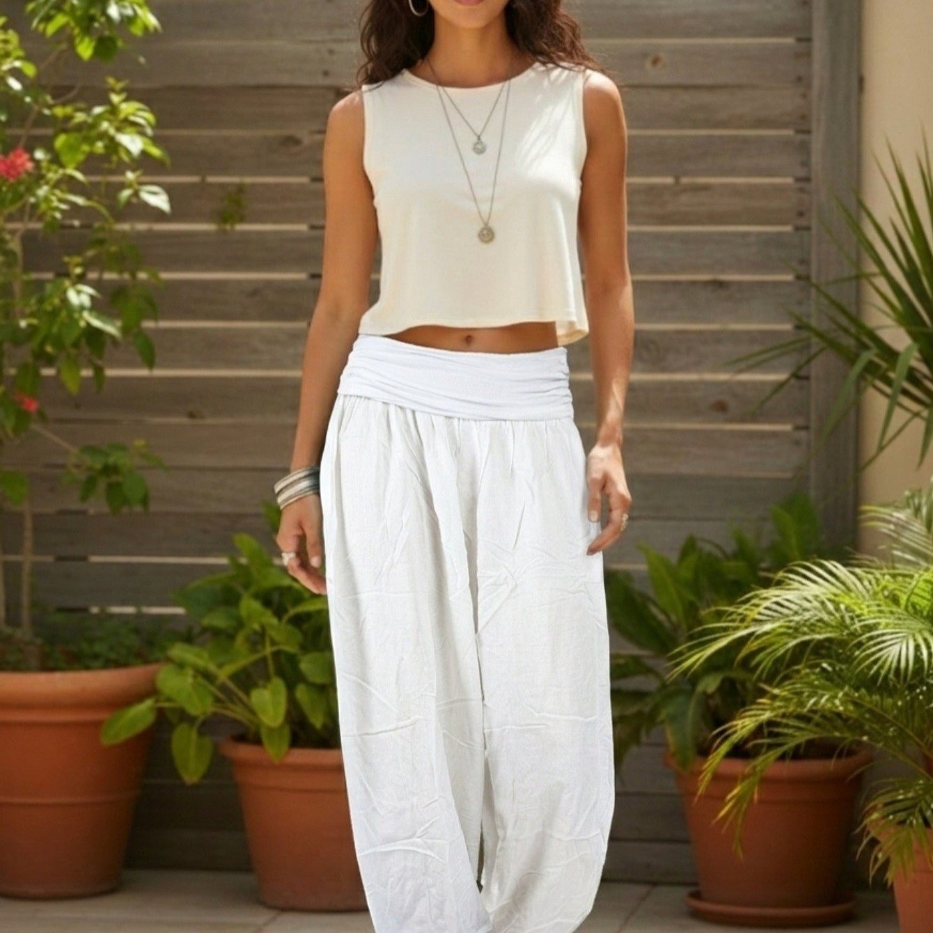 Image of Short Size Lightweight Summer Pants With Wide Waistband, Viscose, 38-44 / S-xl, Comfortable Yoga Pants, Wide Leg, Loose Fit, Vacation Beach Festival Harem Casual Pants