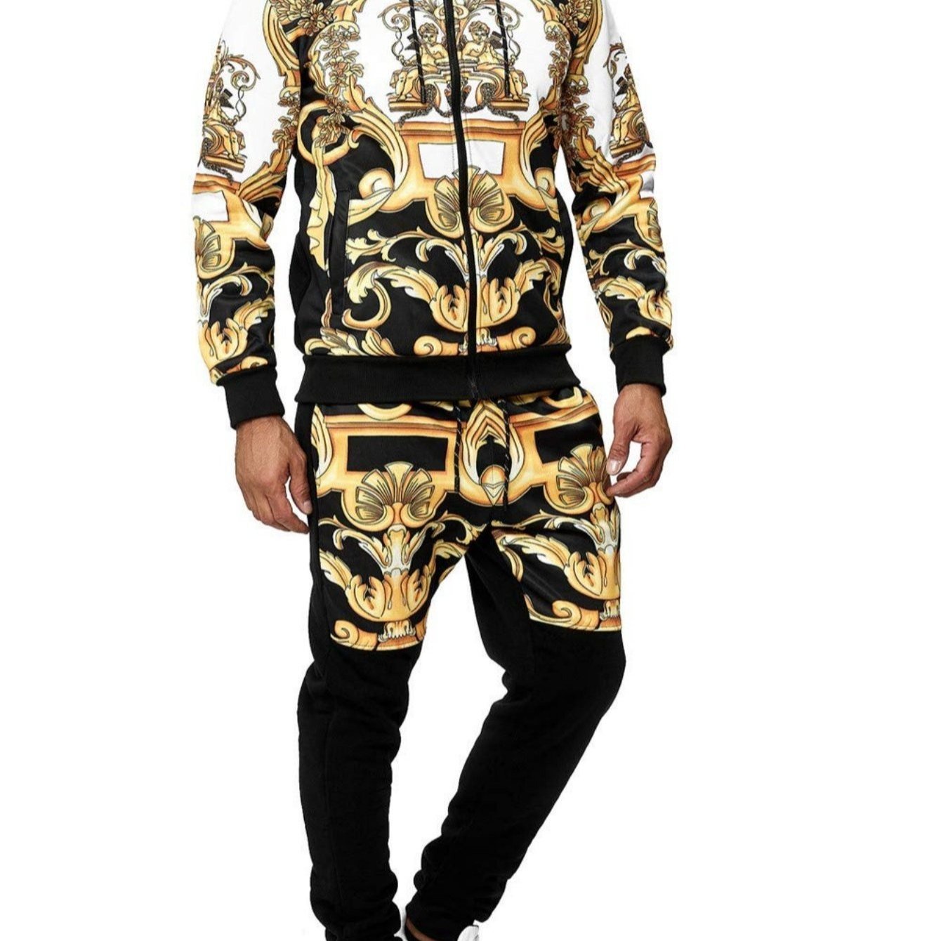Image of -c Luxury Men's Training Suit With Baroque Print - Hooded Jacket With Zipper + Jogging Pants, Fashionable & Comfortable, Breathable, Streetwear Style