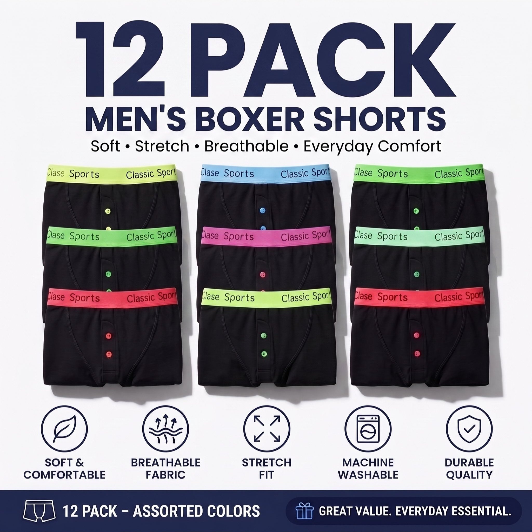TEMU 3/6/12 Pack Men's Cotton Neon Waist Elastic Boxer Shorts, Soft Breathable Button Fly Underwear, Elastic Neon Waistband Trunks For Daily Wear,
