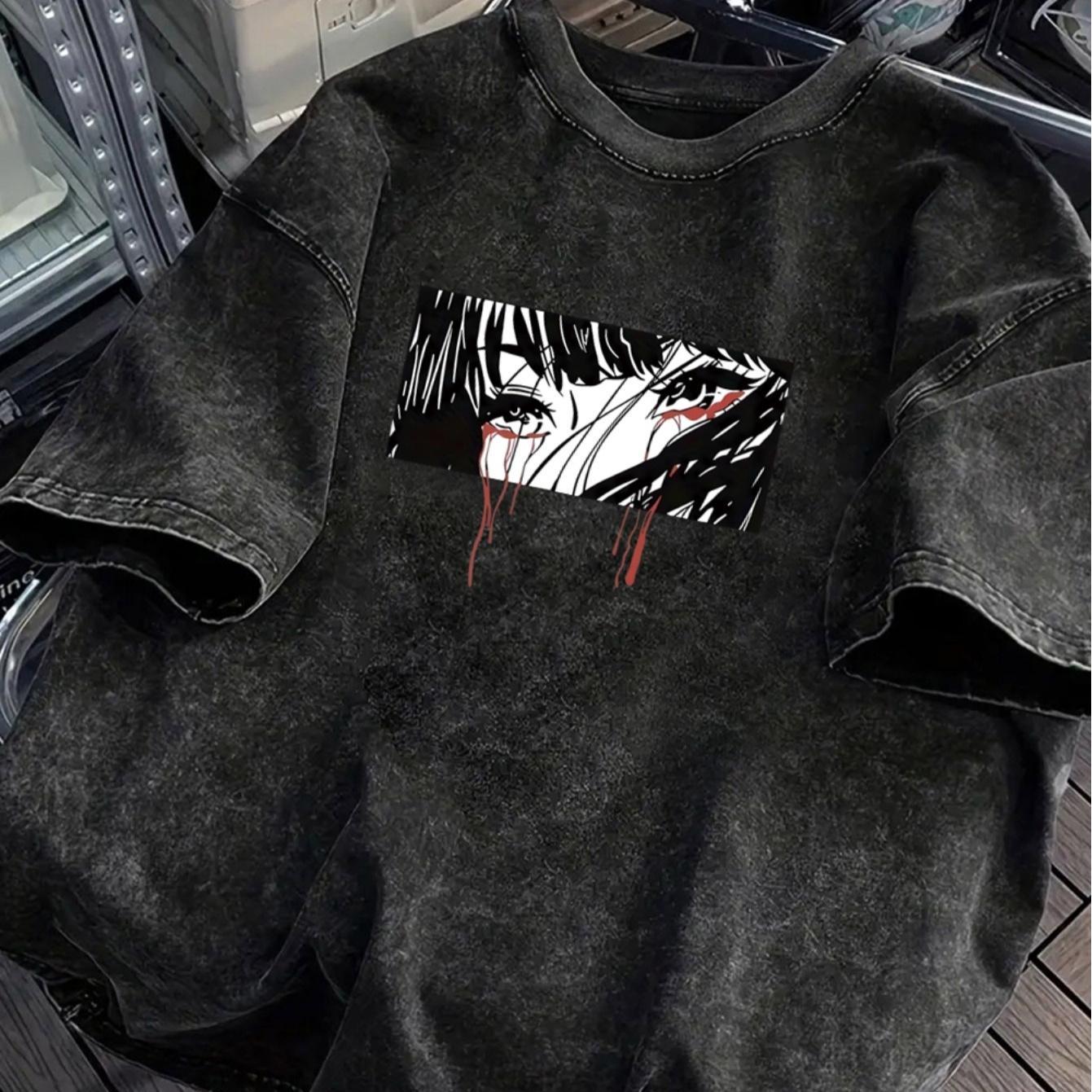 TEMU Camiseta extragrande de 230 g/m² de gramaje 100 % - Estampado de anime en ( y negro), camiseta vintage de corta y cuello para uso casual y fans