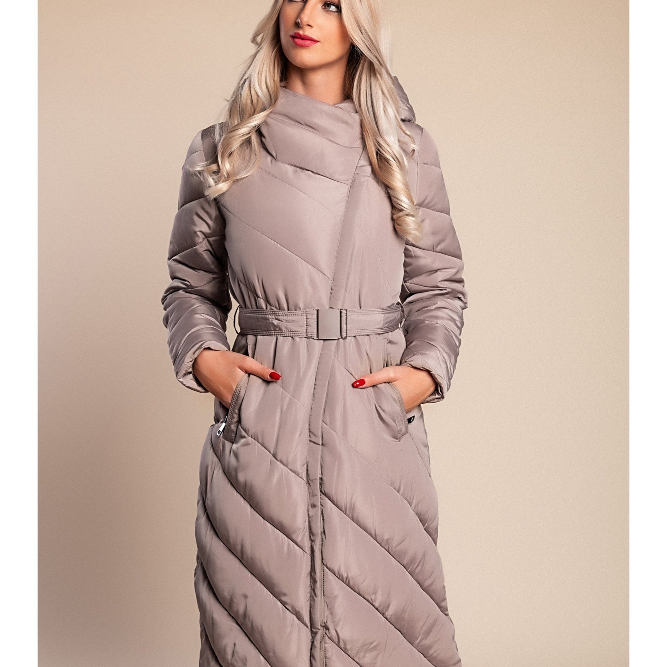 Long Quilted Coat With Hood & Belt – Warm Padded, Knee-length, Zip Front