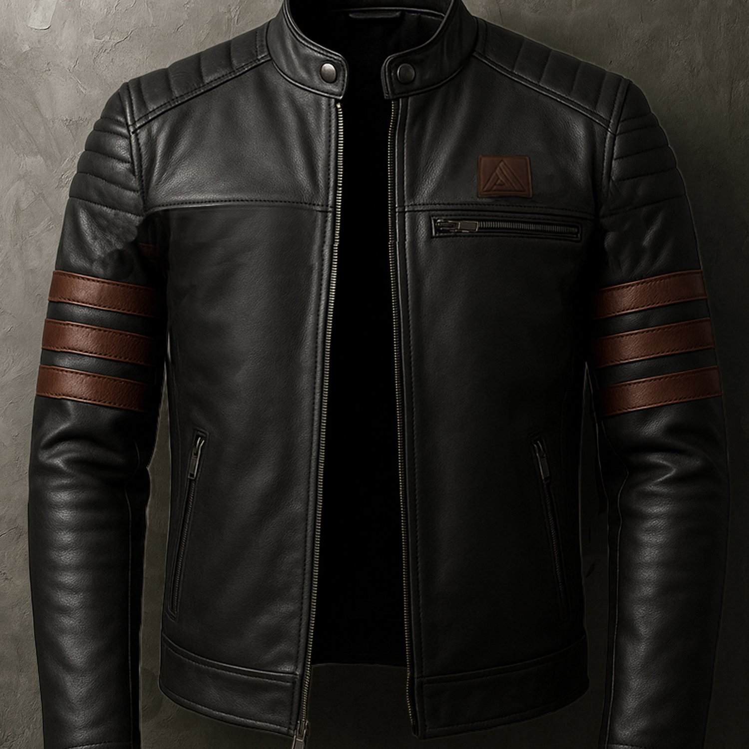 Leather Men's Genuine Leather Stripe Jacket – Slim- Racer Style Casual Outerwear With Collar