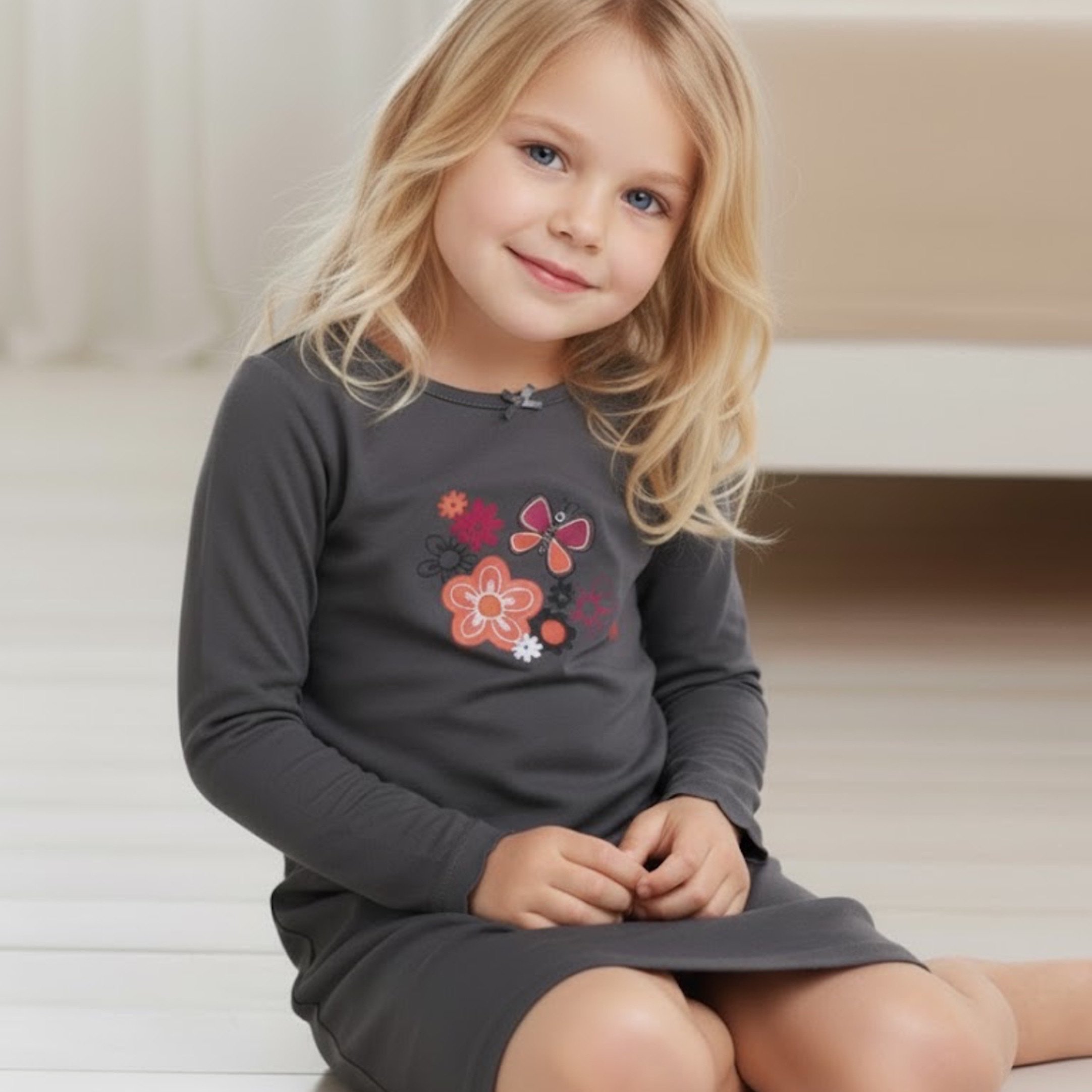 Girl's Nightgown Cute Long Sleeve Cotton Sleep Dress For Teen Girls, Summer Sleepwear Shirt, Round Neck, 104, 116, 128