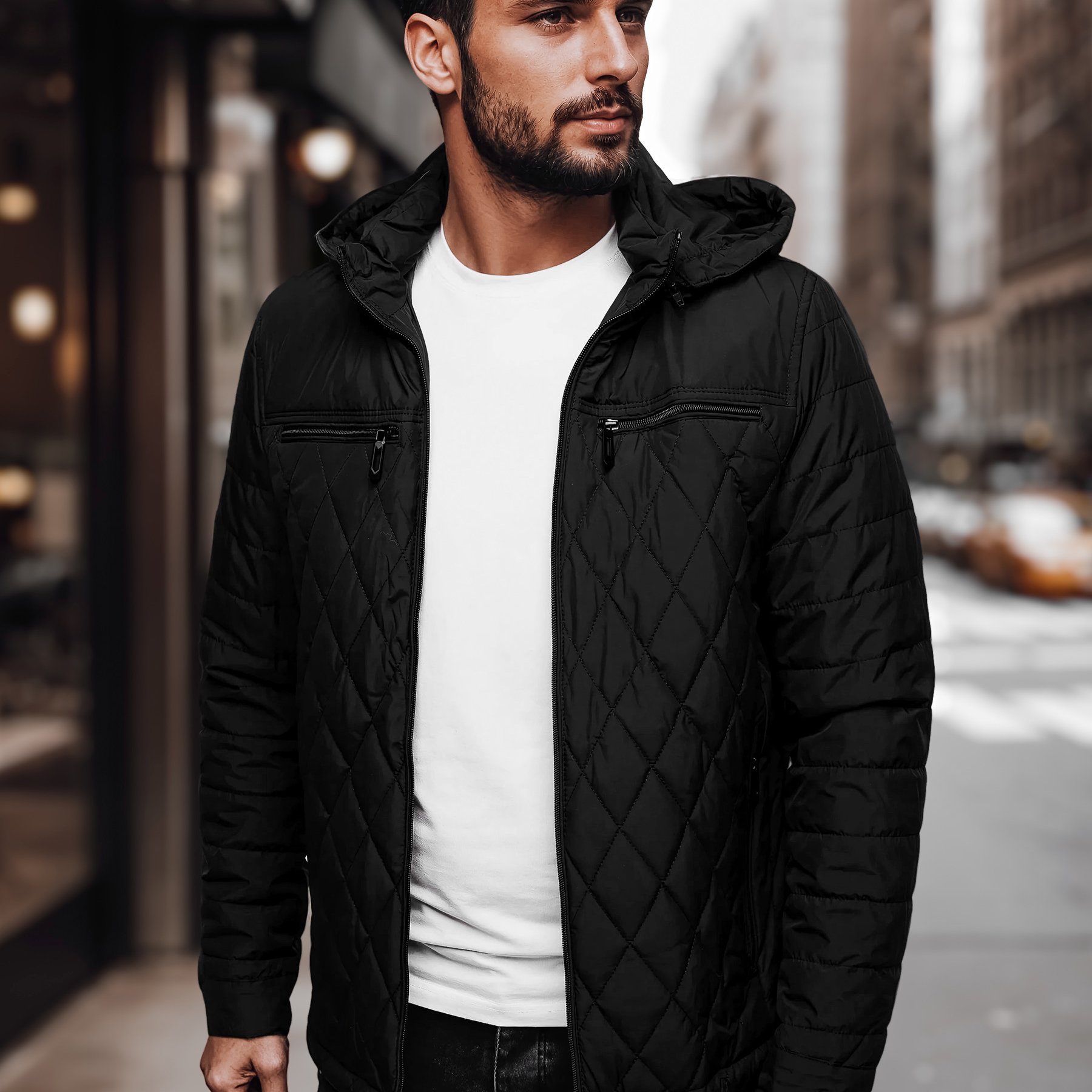 Image of Men's Quilted Jacket With Hood, Elegant And Lightweight Jacket For Spring And Fall, Featuring Detachable Hood And Functional Pockets, Stylish Windproof Men's Jacket, And Urban Styling