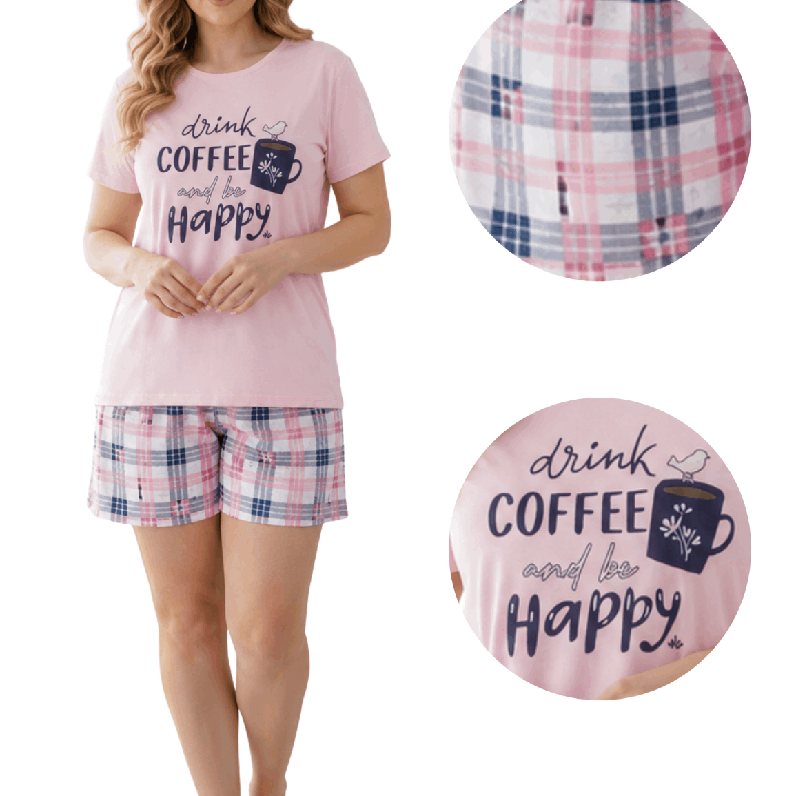 Women's Pyjama With A Pattern Drink Coffee With Short Pants. Lightweight, Breathable And Comfortable Pyjamas For Value And Aesthetic . Ideal For Sleeping, Resting And Relaxing In The Of Your Own Home.
