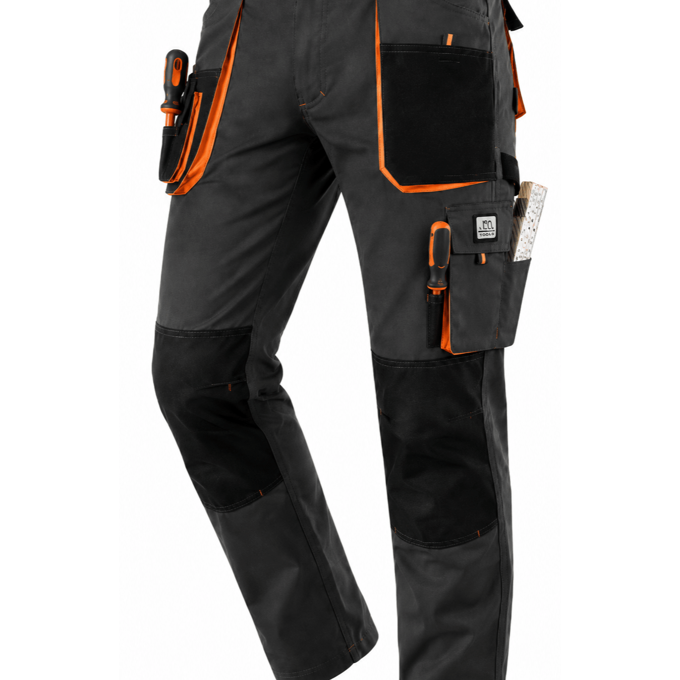 Image of Classic Work Overalls In Grey, Orange, Black - 270 G/m² Work Pants With Knee Pouches, 8 Pockets, Triple Stitching, Reinforcements, 600d