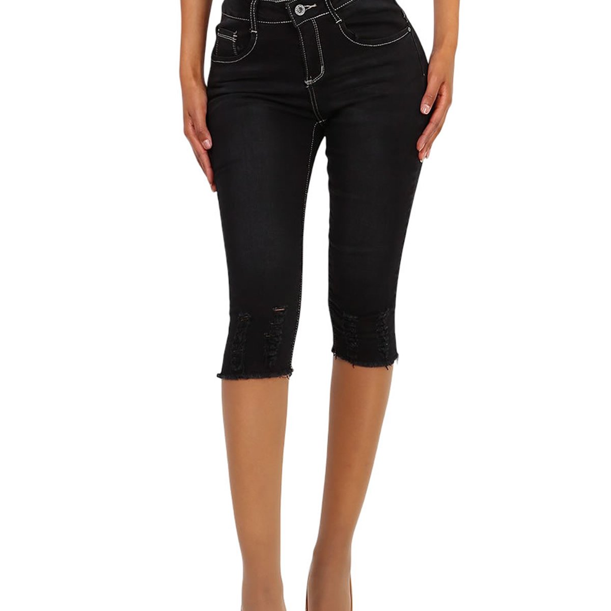 Ladies' Capri 3/4 Bermuda Jeans Shorts Short Pants Summer Pants Stretch Hip Black