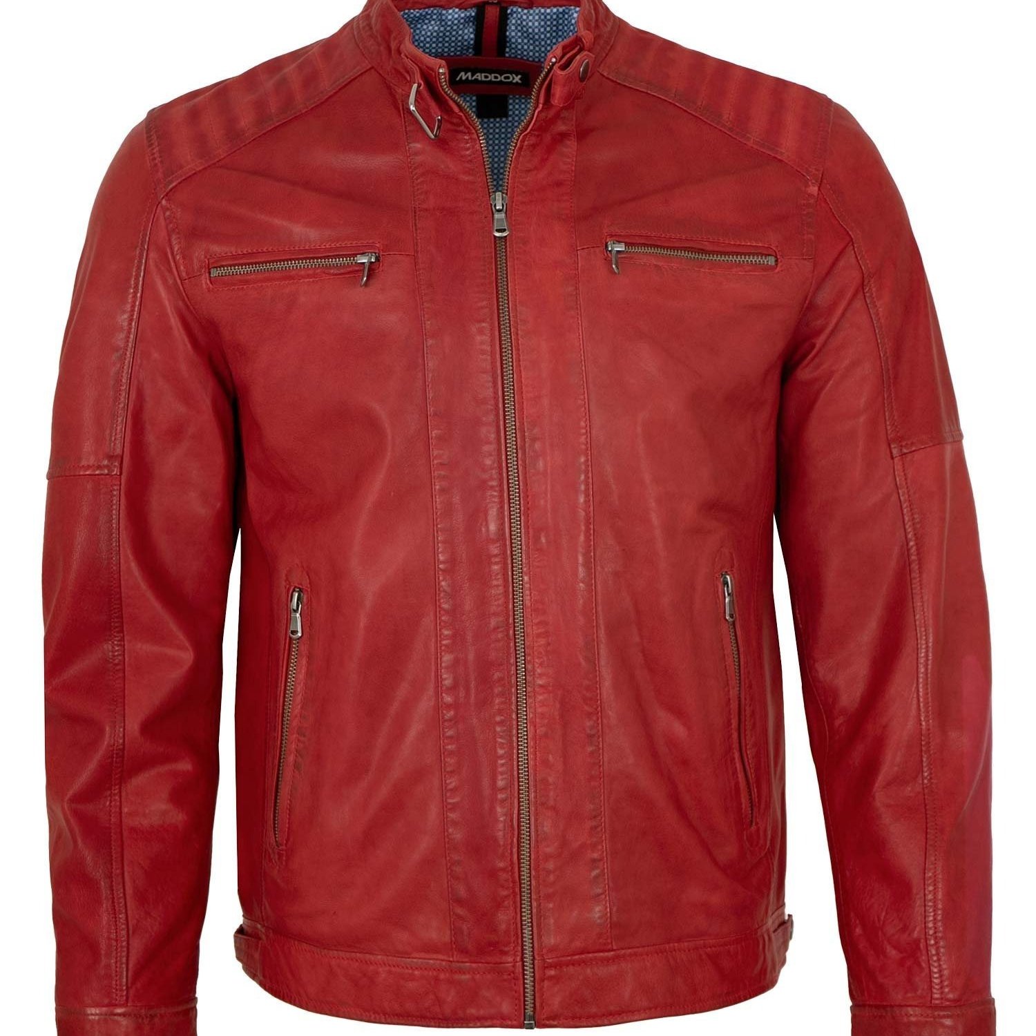 Men's Leather Jacket With Lamb In Red, Casual Crew Neck, Long Sleeve, Suede Material, Adjustable Press Buttons, Decorative