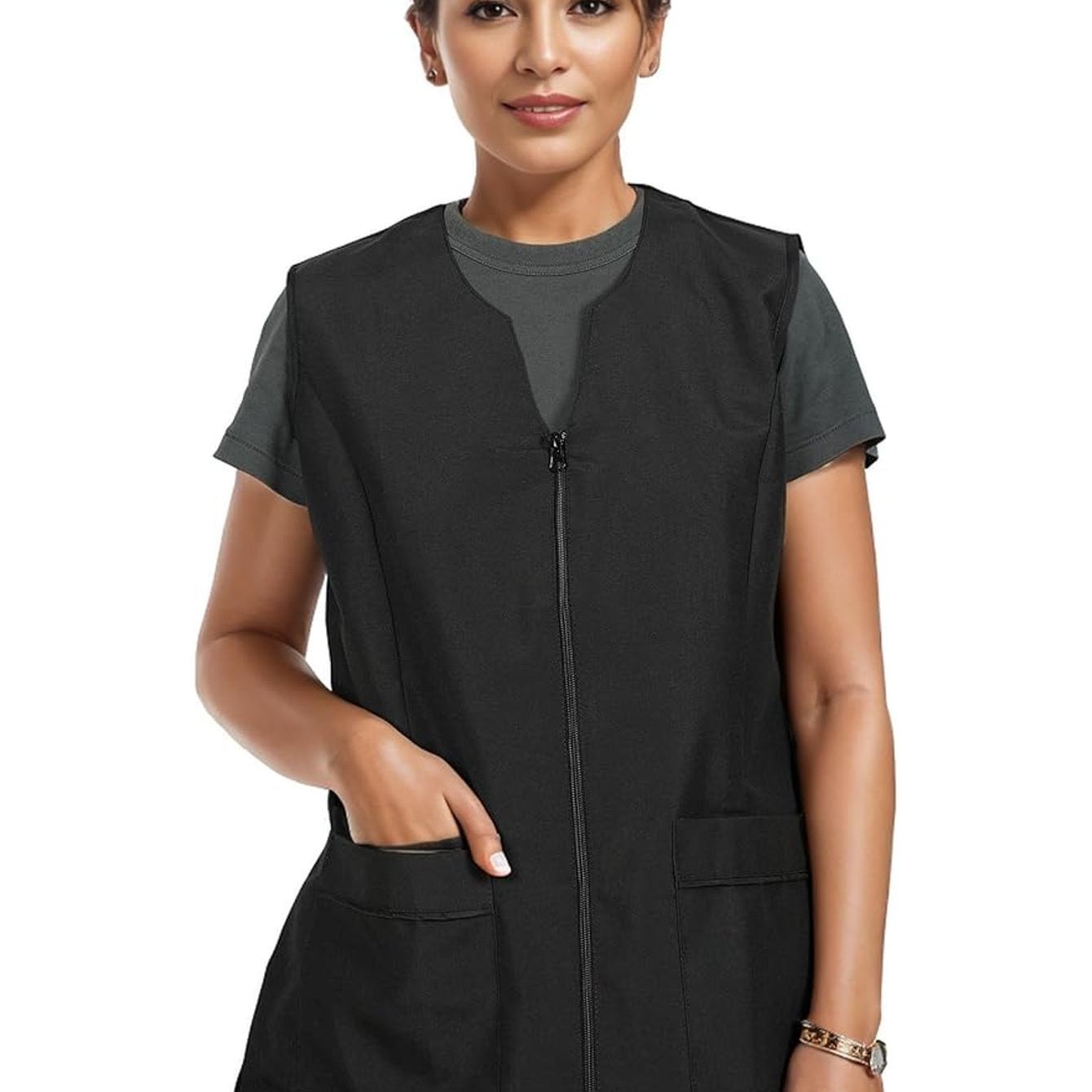Hansel Home Women's Cleaning Jacket Without Sleeves With Zipper, White Work Uniform For Work